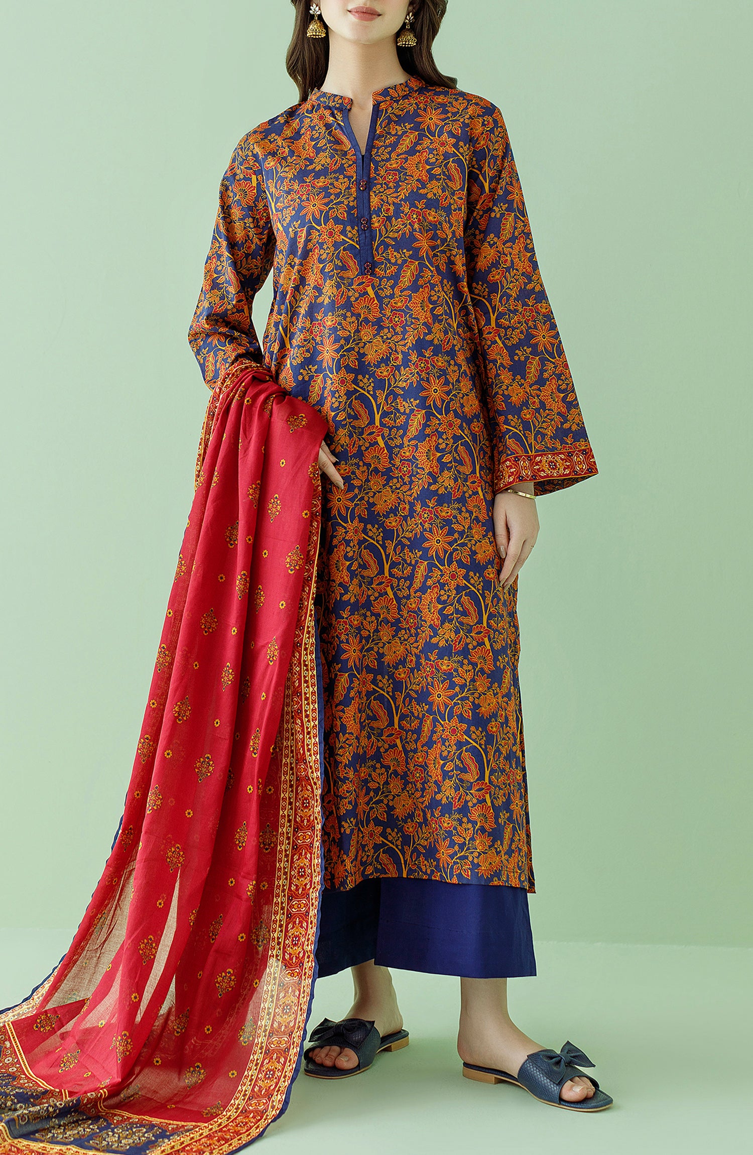 Stitched 3 Piece Printed Lawn Shirt , Cambric Pant and Lawn Dupatta (OTL-23-356/S BLUE)