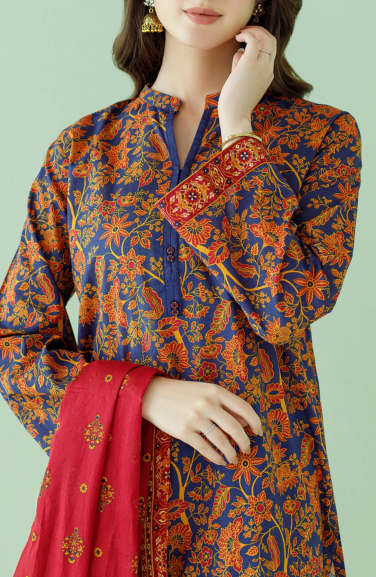 Stitched 3 Piece Printed Lawn Shirt , Cambric Pant and Lawn Dupatta (OTL-23-356/S BLUE)