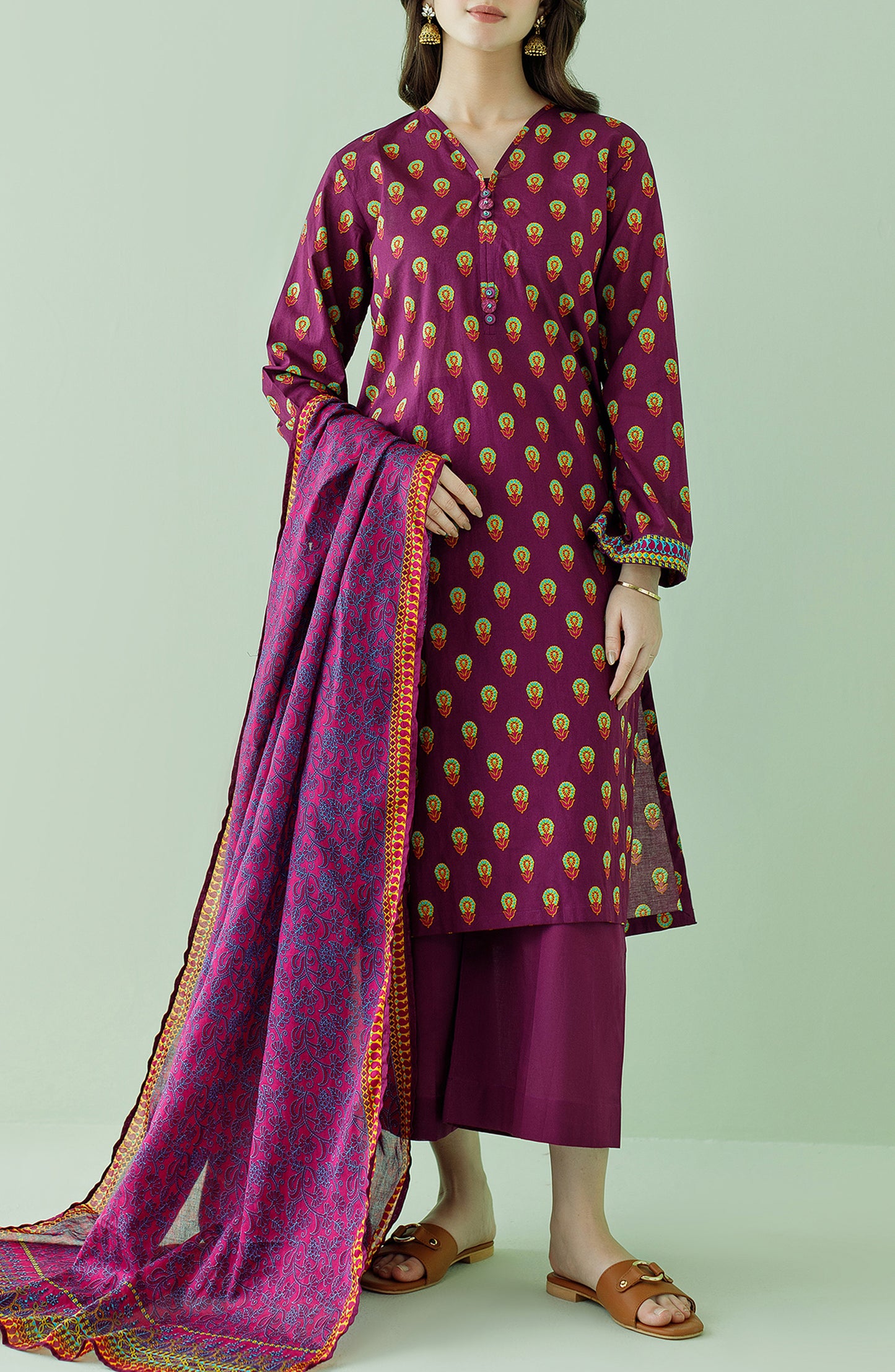 Stitched 3 Piece Printed Lawn Shirt , Cambric Pant and Lawn Dupatta (OTL-23-346/S MAGENTA)