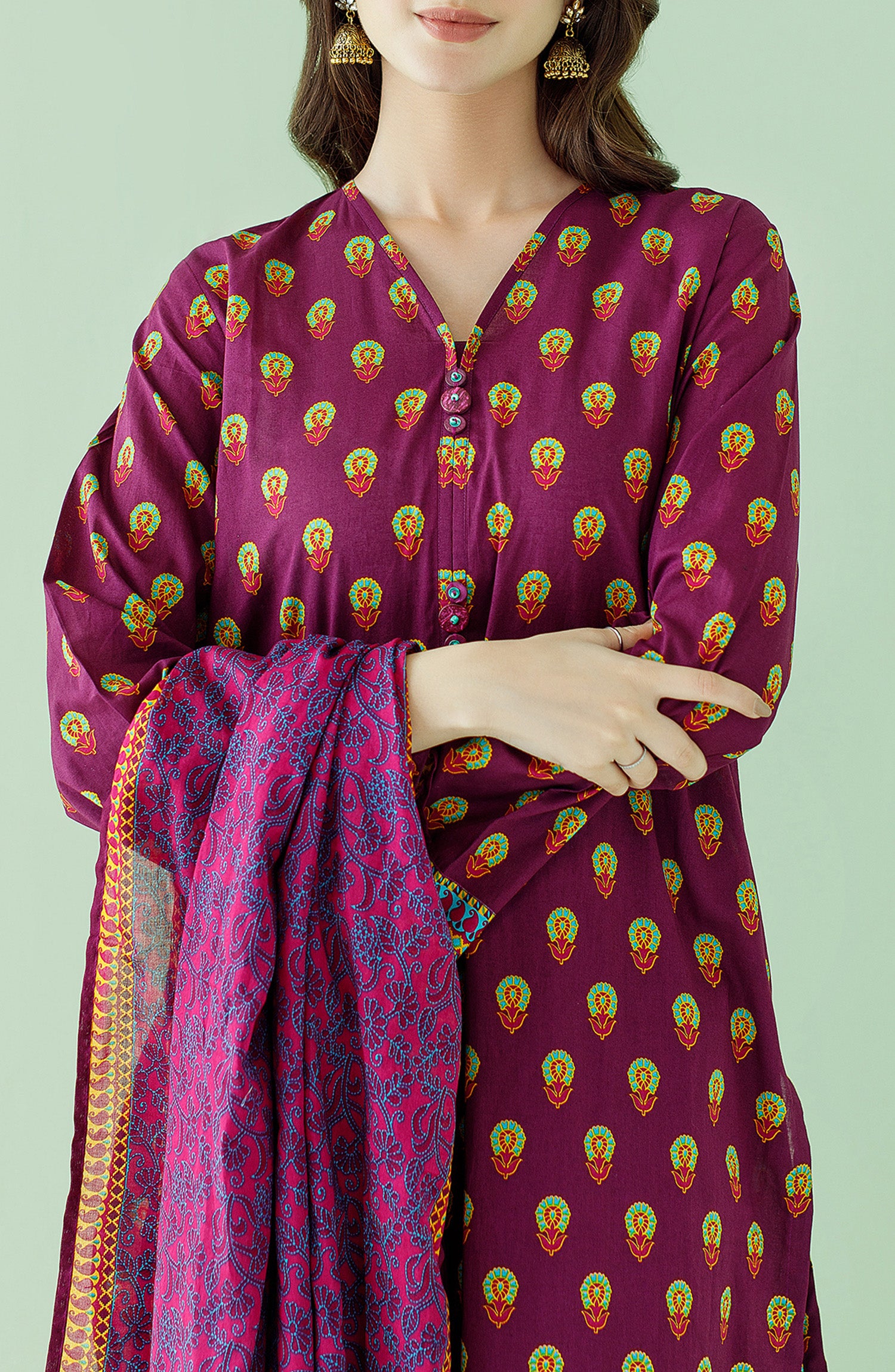 Stitched 3 Piece Printed Lawn Shirt , Cambric Pant and Lawn Dupatta (OTL-23-346/S MAGENTA)