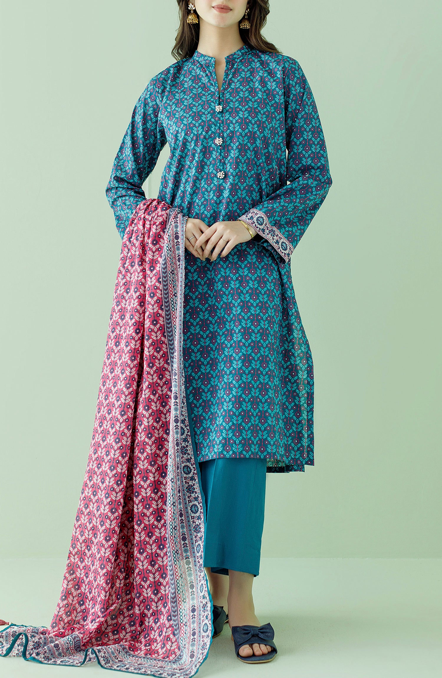 Stitched 3 Piece Printed Lawn Shirt , Cambric Pant and Lawn Dupatta (OTL-23-348/S TEAL)