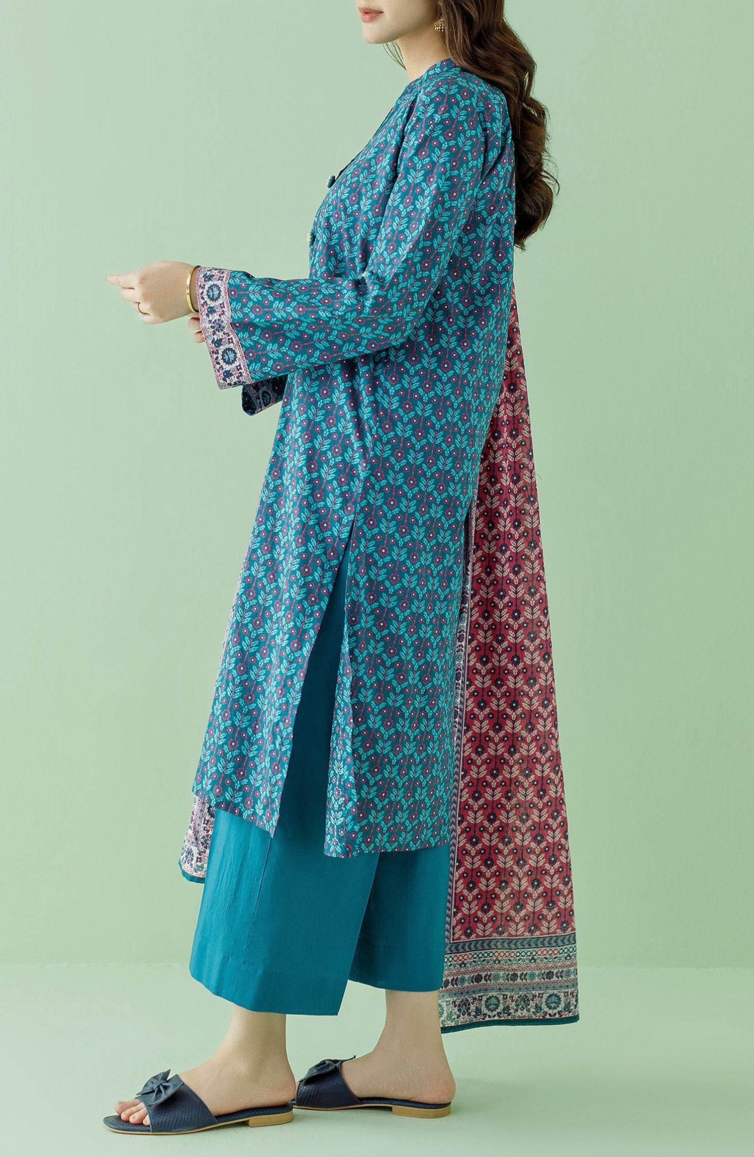 Stitched 3 Piece Printed Lawn Shirt , Cambric Pant and Lawn Dupatta (OTL-23-348/S TEAL)