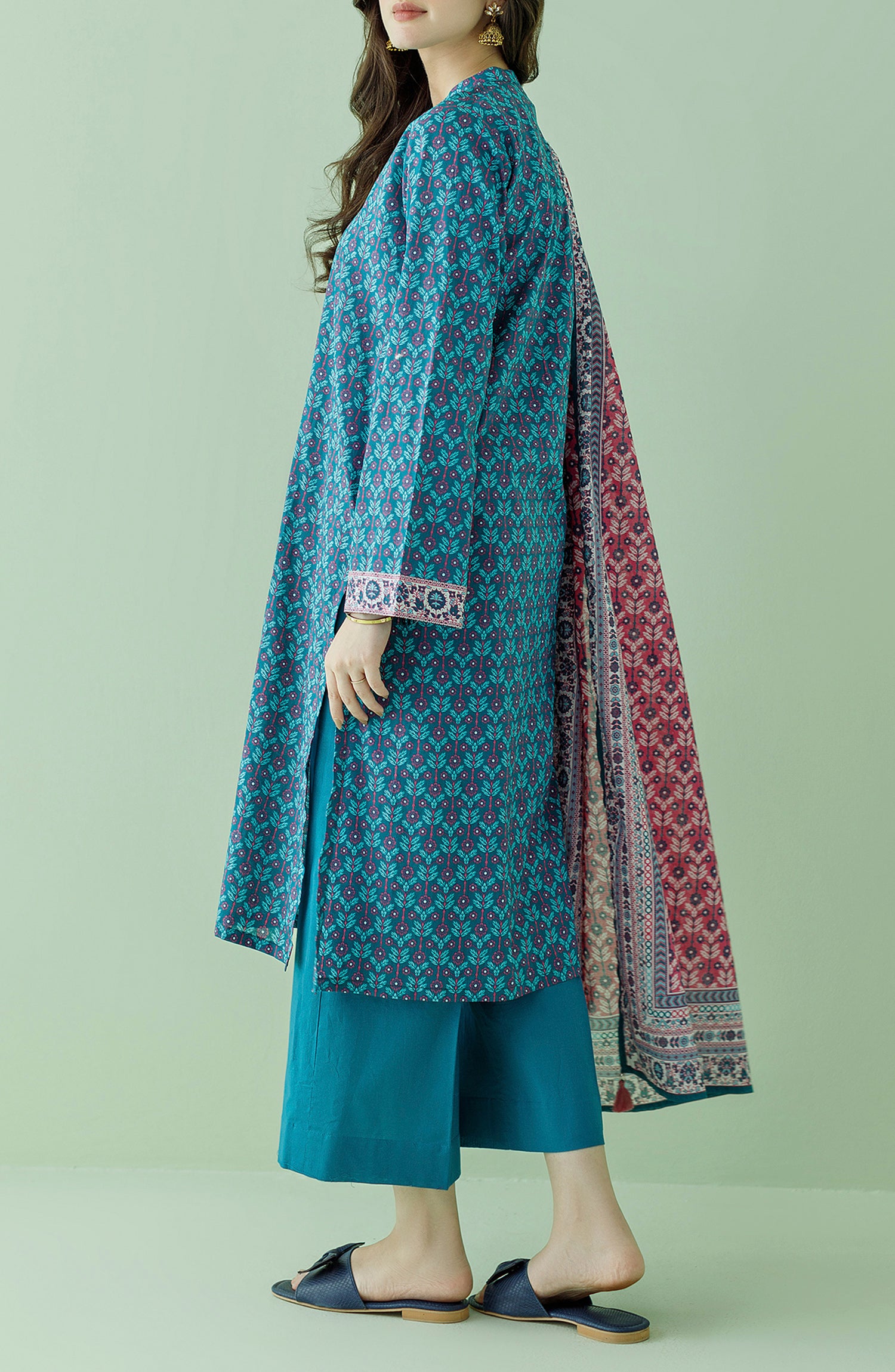 Stitched 3 Piece Printed Lawn Shirt , Cambric Pant and Lawn Dupatta (OTL-23-348/S TEAL)