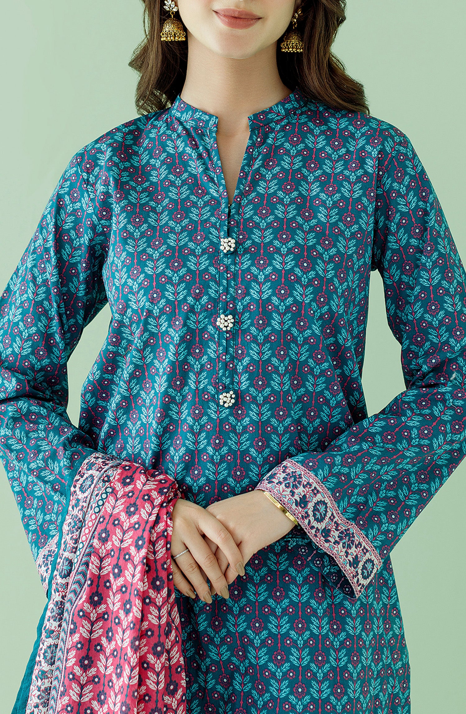 Stitched 3 Piece Printed Lawn Shirt , Cambric Pant and Lawn Dupatta (OTL-23-348/S TEAL)