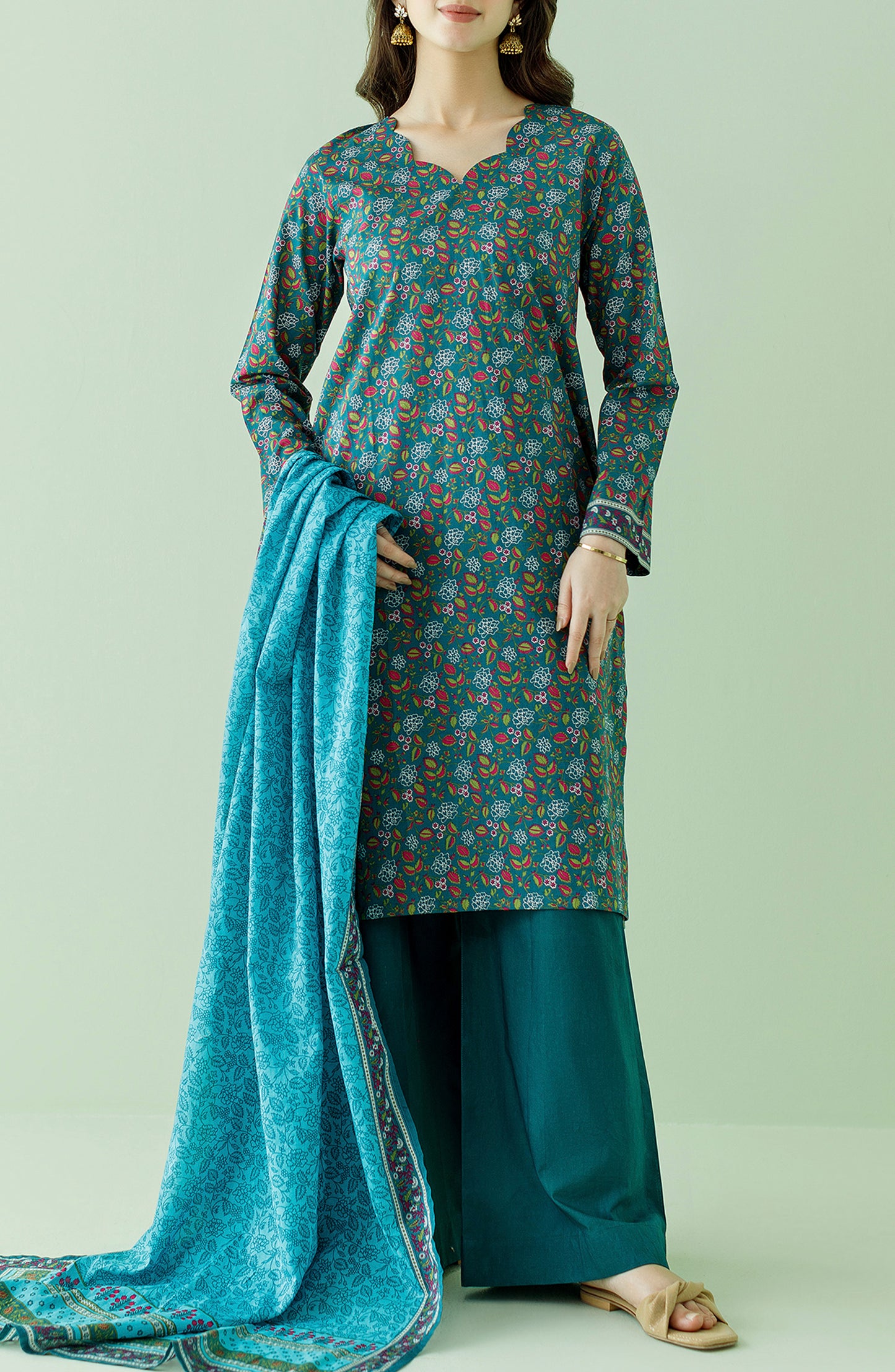 Stitched 3 Piece Printed Lawn Shirt , Cambric Pant and Lawn Dupatta (OTL-23-349/S TEAL)