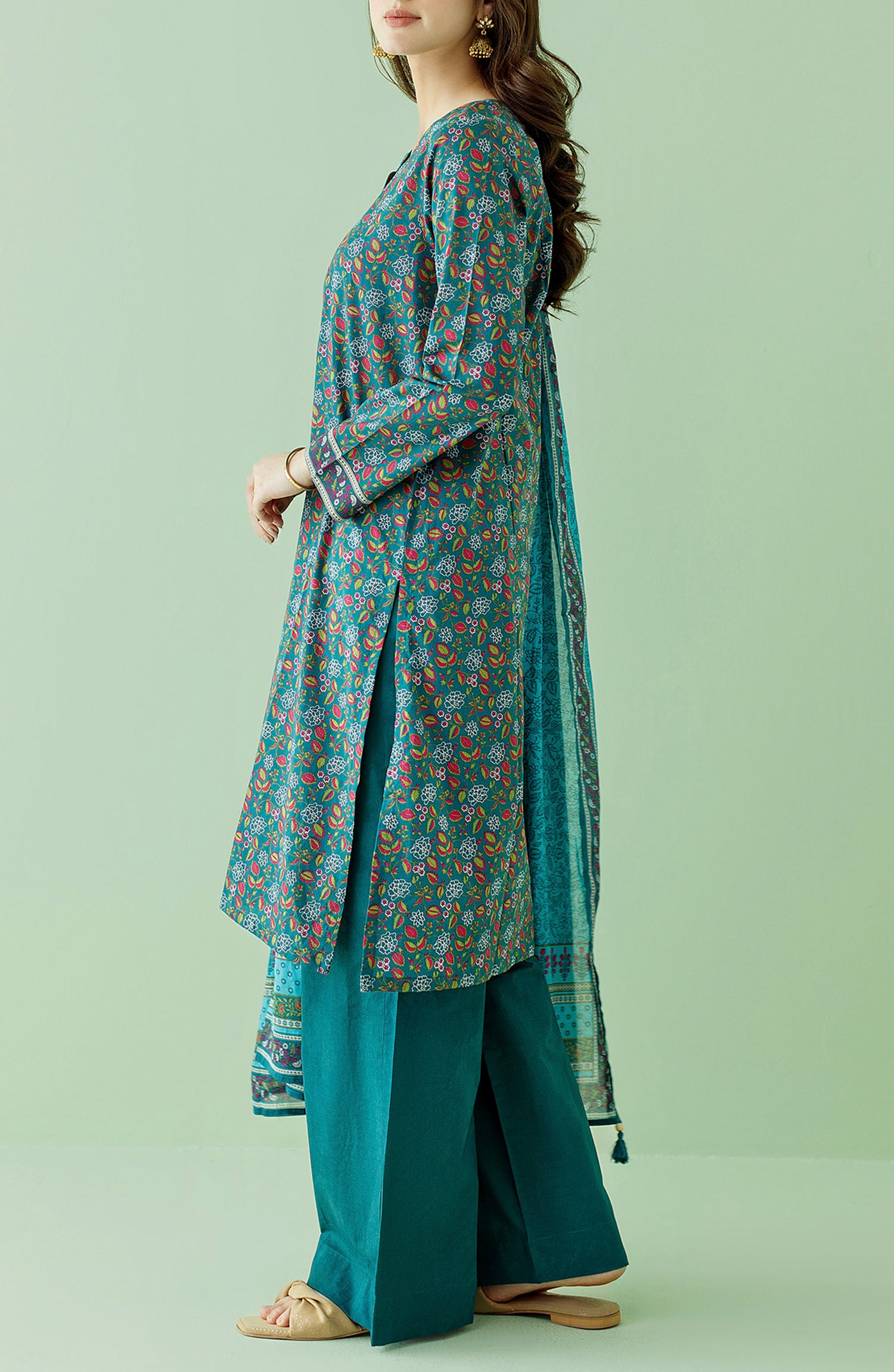 Stitched 3 Piece Printed Lawn Shirt , Cambric Pant and Lawn Dupatta (OTL-23-349/S TEAL)