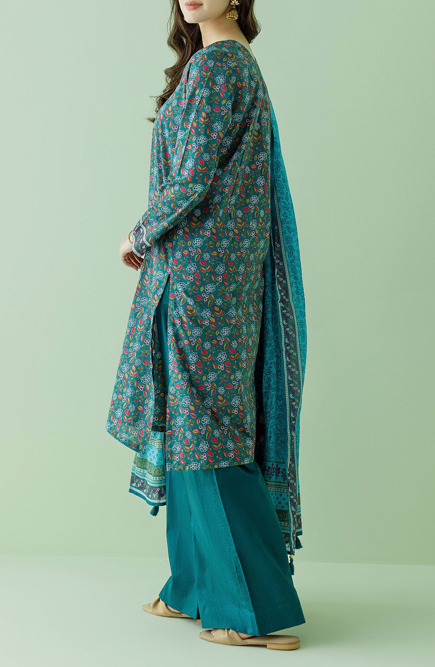 Stitched 3 Piece Printed Lawn Shirt , Cambric Pant and Lawn Dupatta (OTL-23-349/S TEAL)