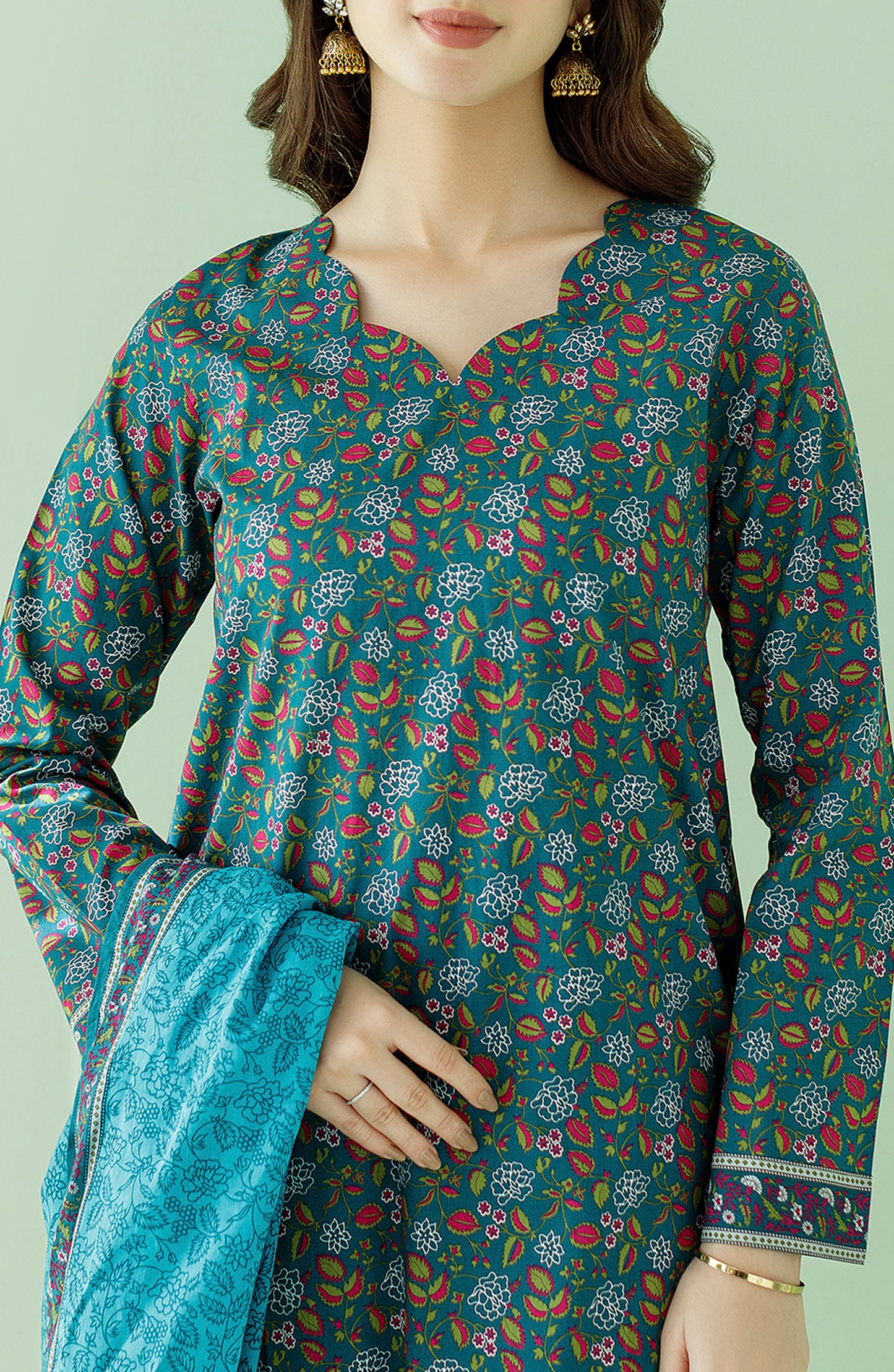 Stitched 3 Piece Printed Lawn Shirt , Cambric Pant and Lawn Dupatta (OTL-23-349/S TEAL)