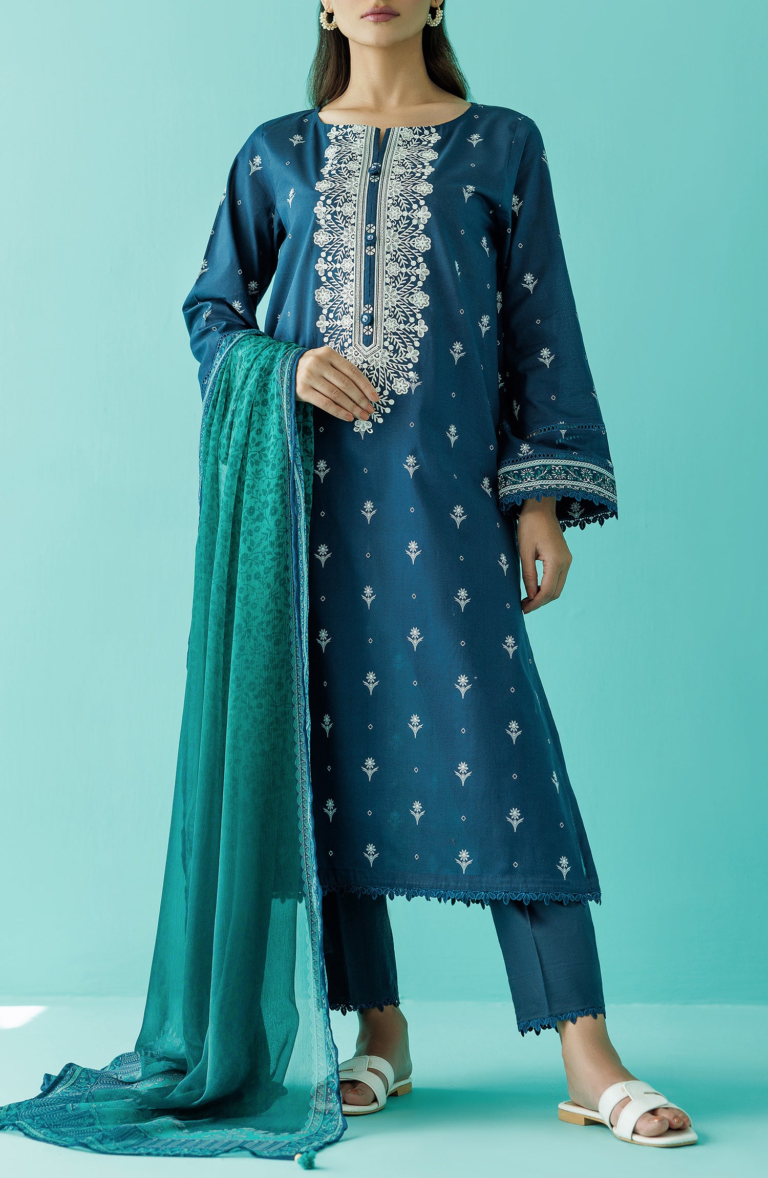 OTL-24-043/U DARK BLUE LAWN Women UNSTITCHED SHIRT DUPATTA PANTS