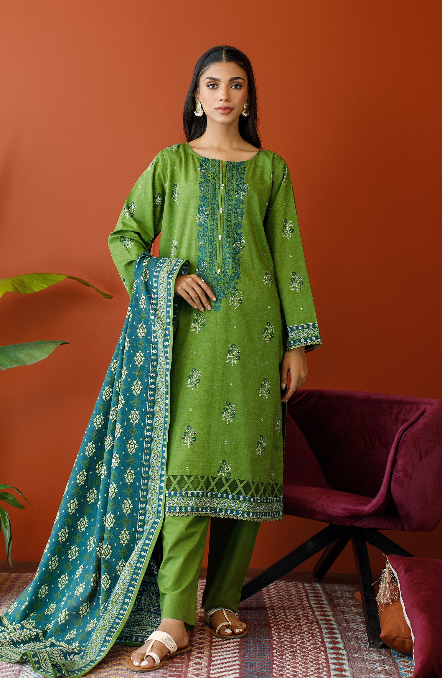 OTL-23-245/S L.GREEN KHADDAR Women READY TO WEAR SHIRT DUPATTA PANTS