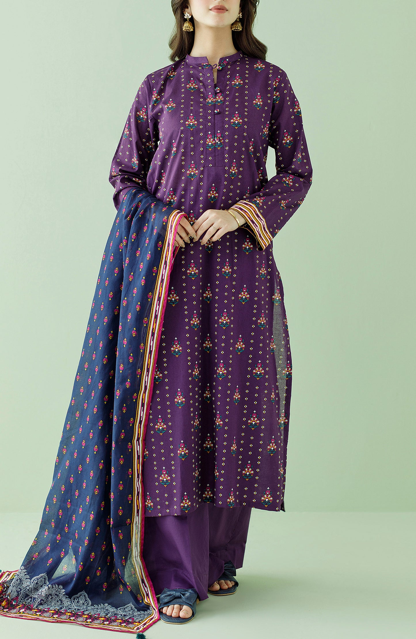 Stitched 3 Piece Printed Lawn Shirt , Cambric Pant and Lawn Dupatta (OTL-23-355/S PURPLE)