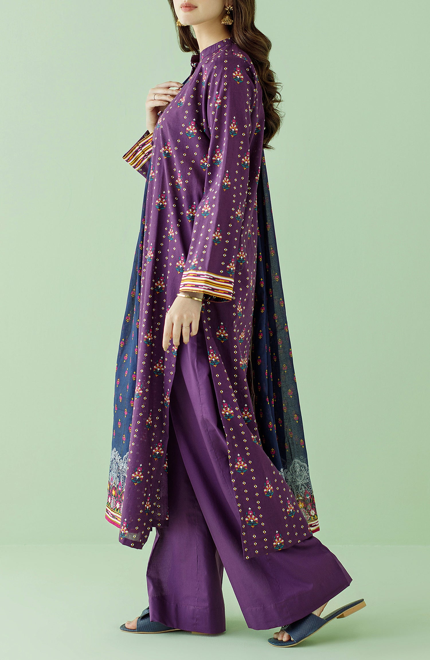 Stitched 3 Piece Printed Lawn Shirt , Cambric Pant and Lawn Dupatta (OTL-23-355/S PURPLE)