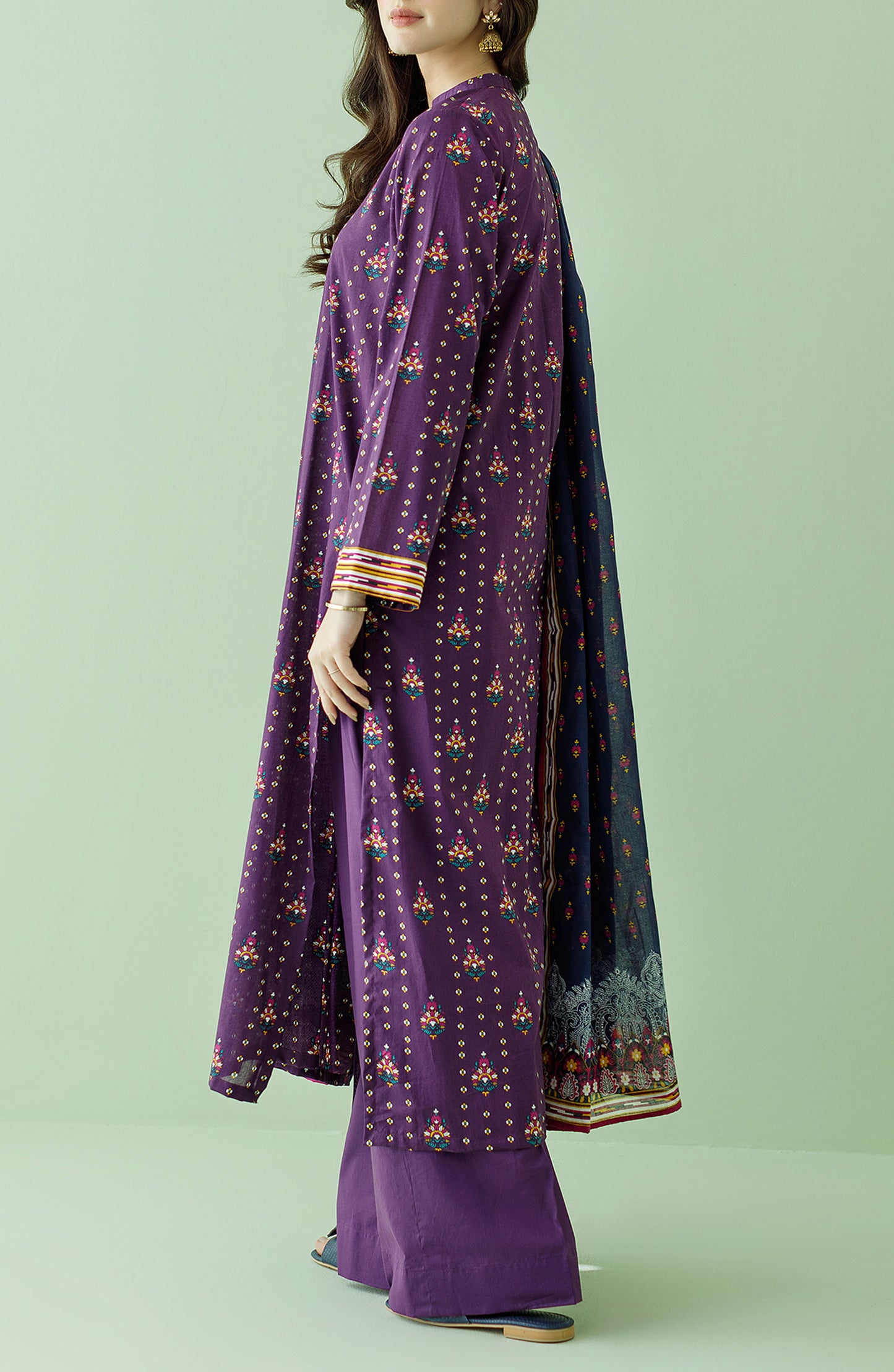 Stitched 3 Piece Printed Lawn Shirt , Cambric Pant and Lawn Dupatta (OTL-23-355/S PURPLE)