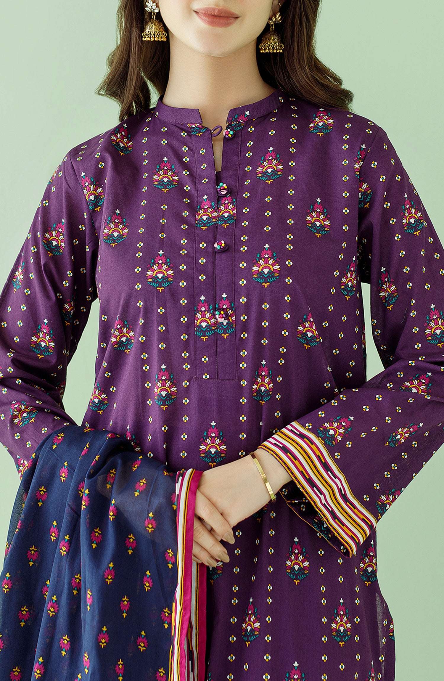 Stitched 3 Piece Printed Lawn Shirt , Cambric Pant and Lawn Dupatta (OTL-23-355/S PURPLE)