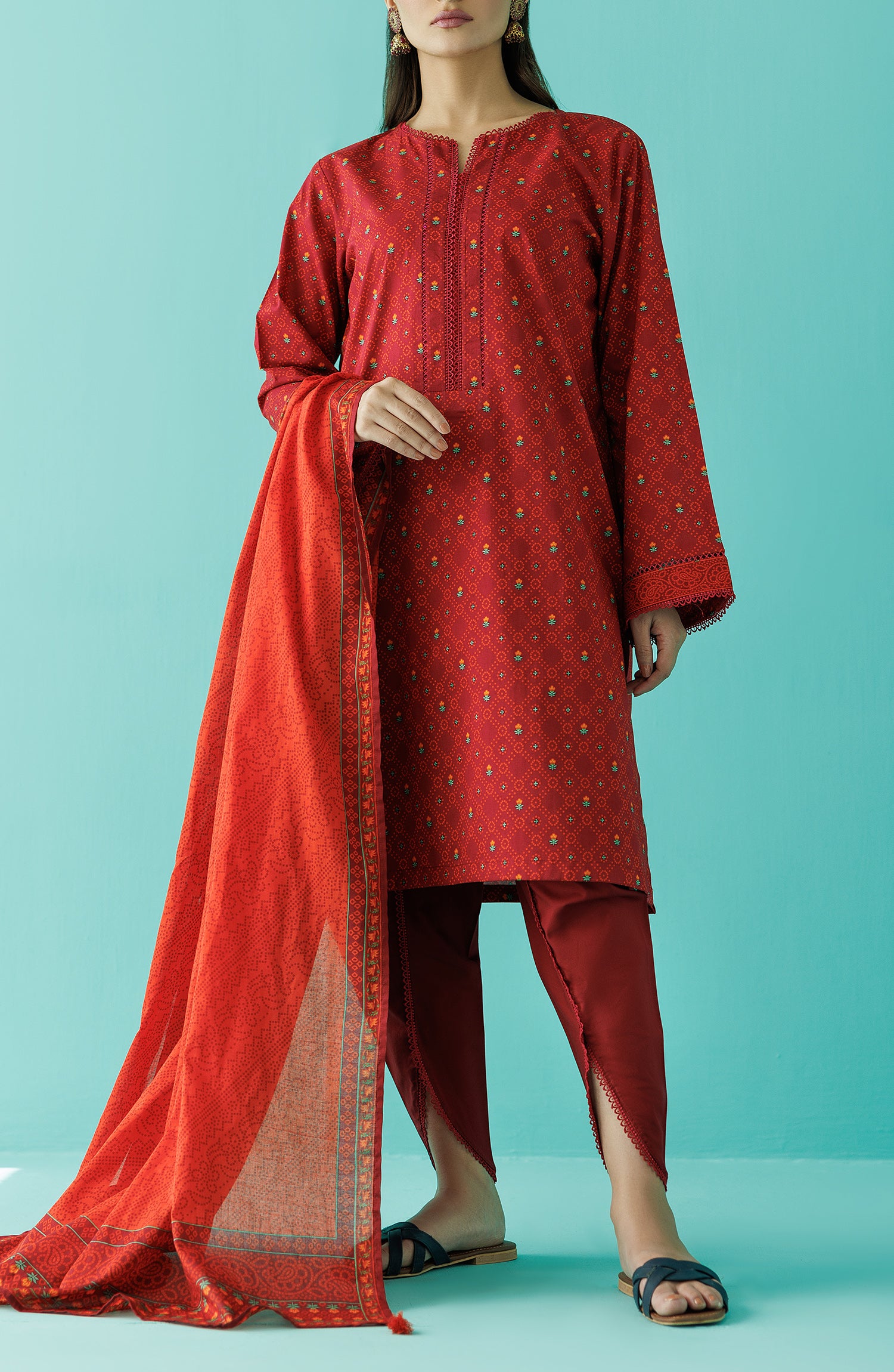 Stitched 3 Piece Printed Lawn Shirt , Cambric Pant and Lawn Dupatta (OTL-24-052/S MAROON)