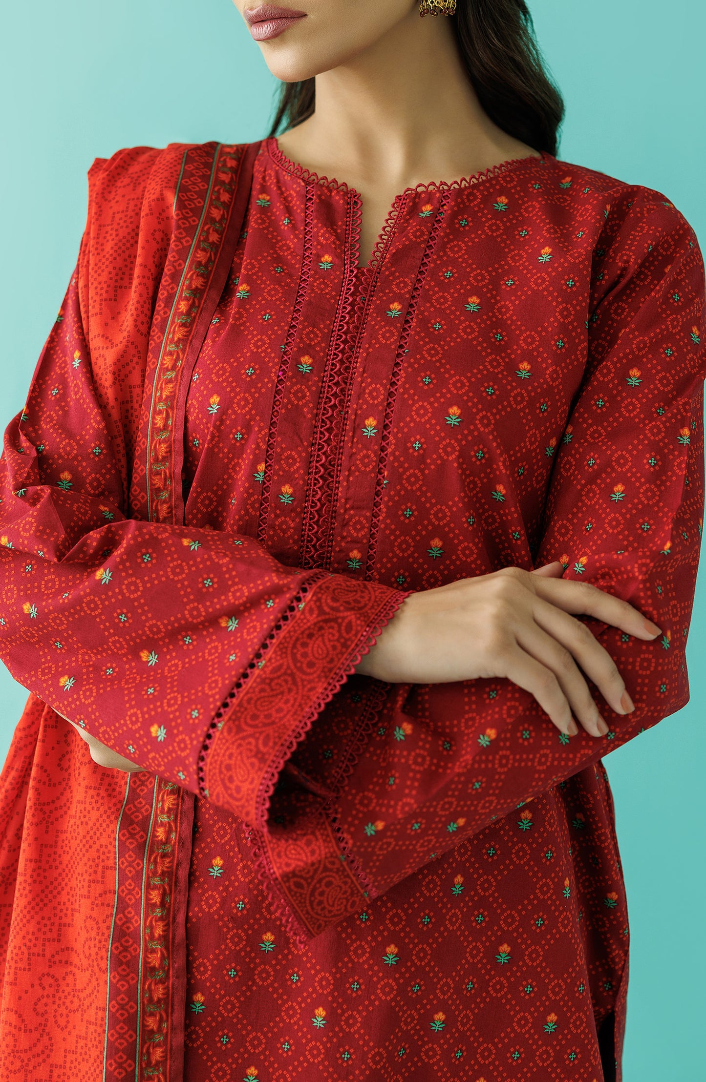 Stitched 3 Piece Printed Lawn Shirt , Cambric Pant and Lawn Dupatta (OTL-24-052/S MAROON)