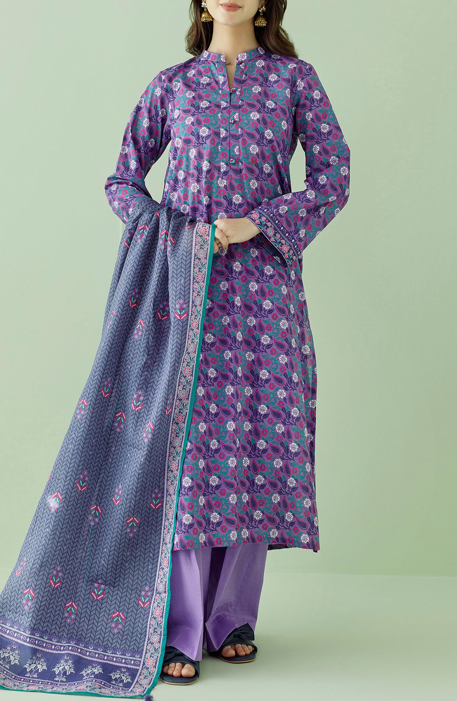 Stitched 3 Piece Printed Lawn Shirt , Cambric Pant and Lawn Dupatta (OTL-23-354/S LILAC)