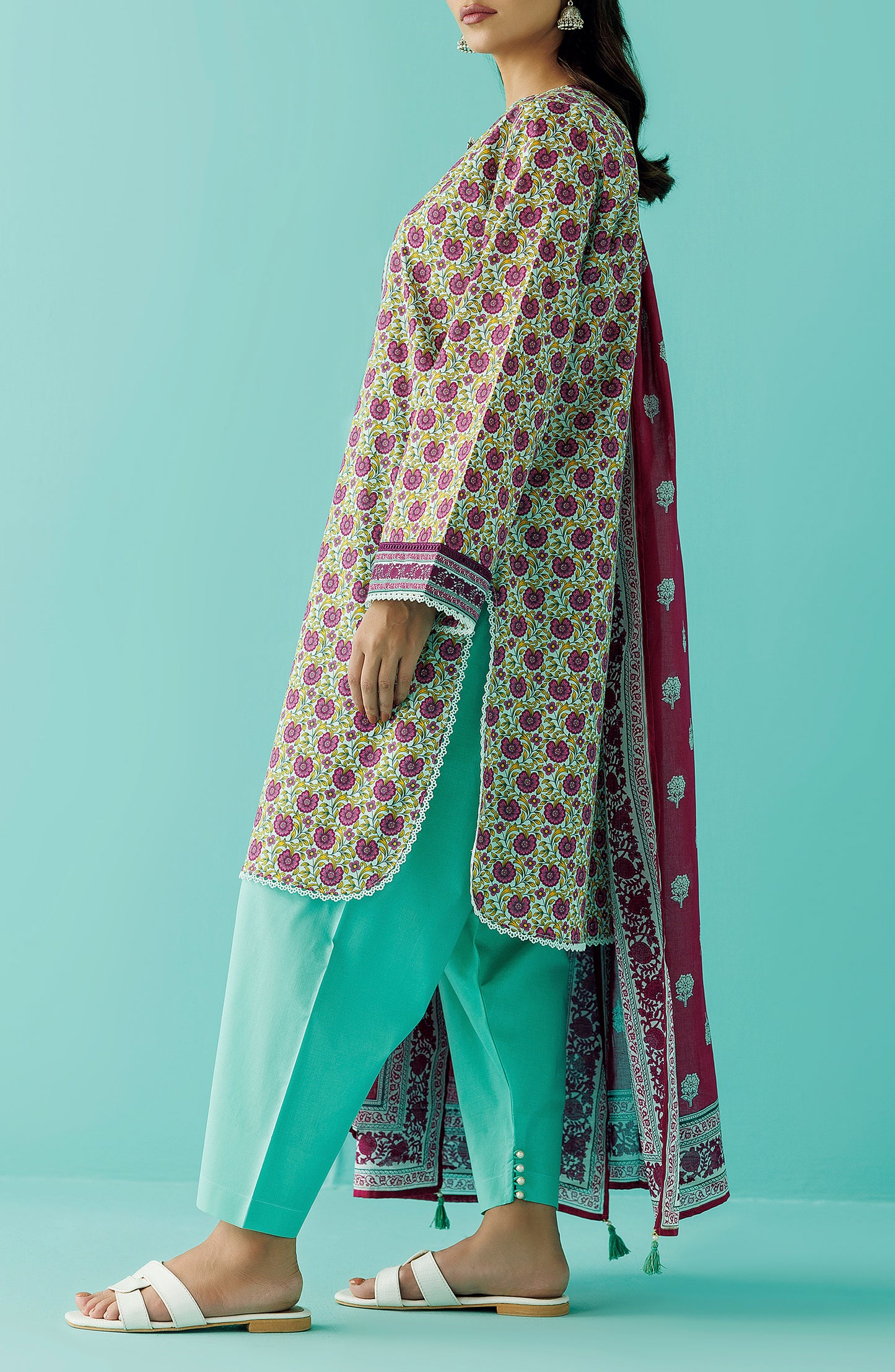 Unstitched 3 Piece Printed Lawn Shirt , Cambric Pant and Lawn Dupatta (OTL-24-066/U GREEN)