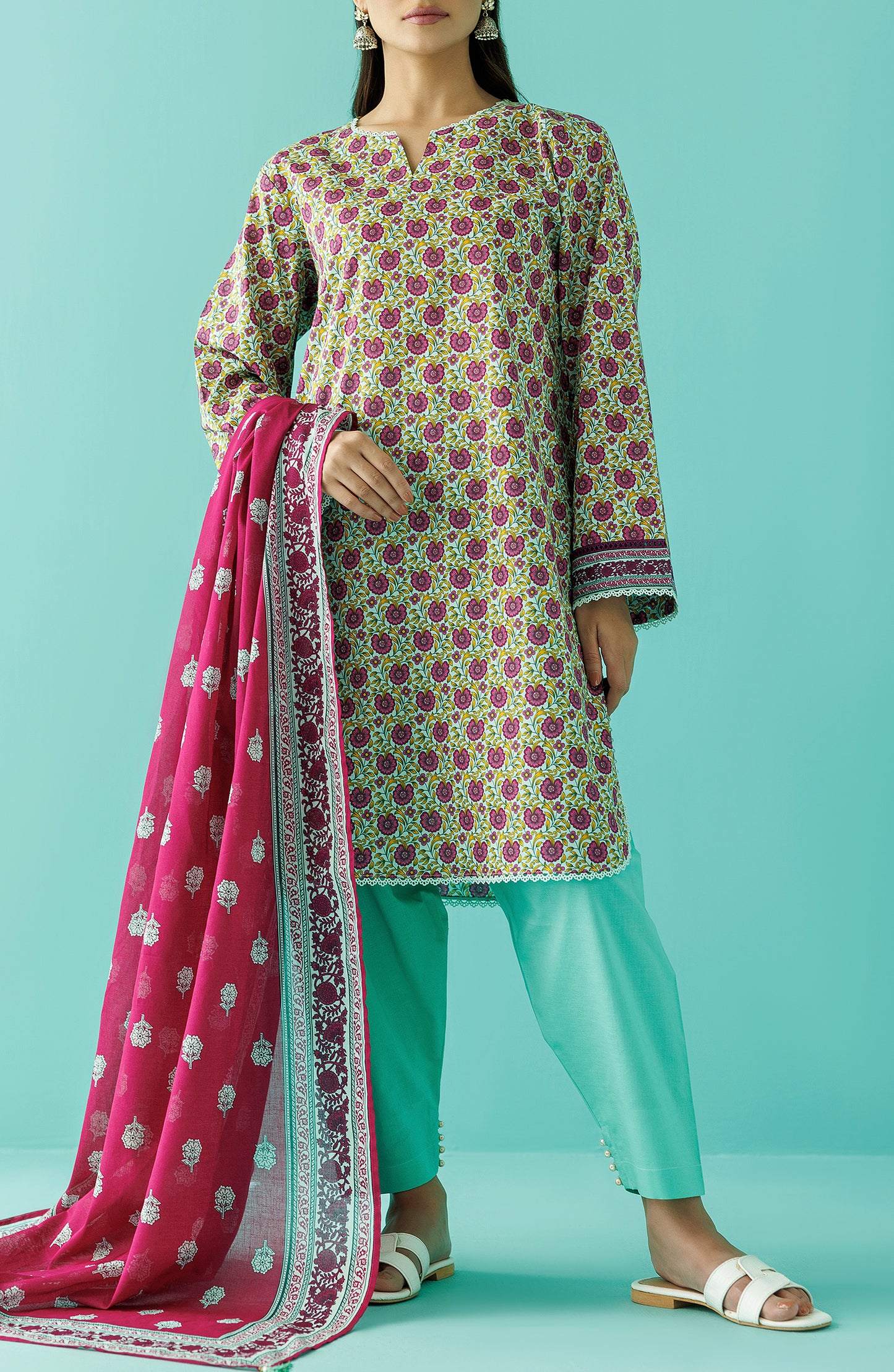 Unstitched 3 Piece Printed Lawn Shirt , Cambric Pant and Lawn Dupatta (OTL-24-066/U GREEN)