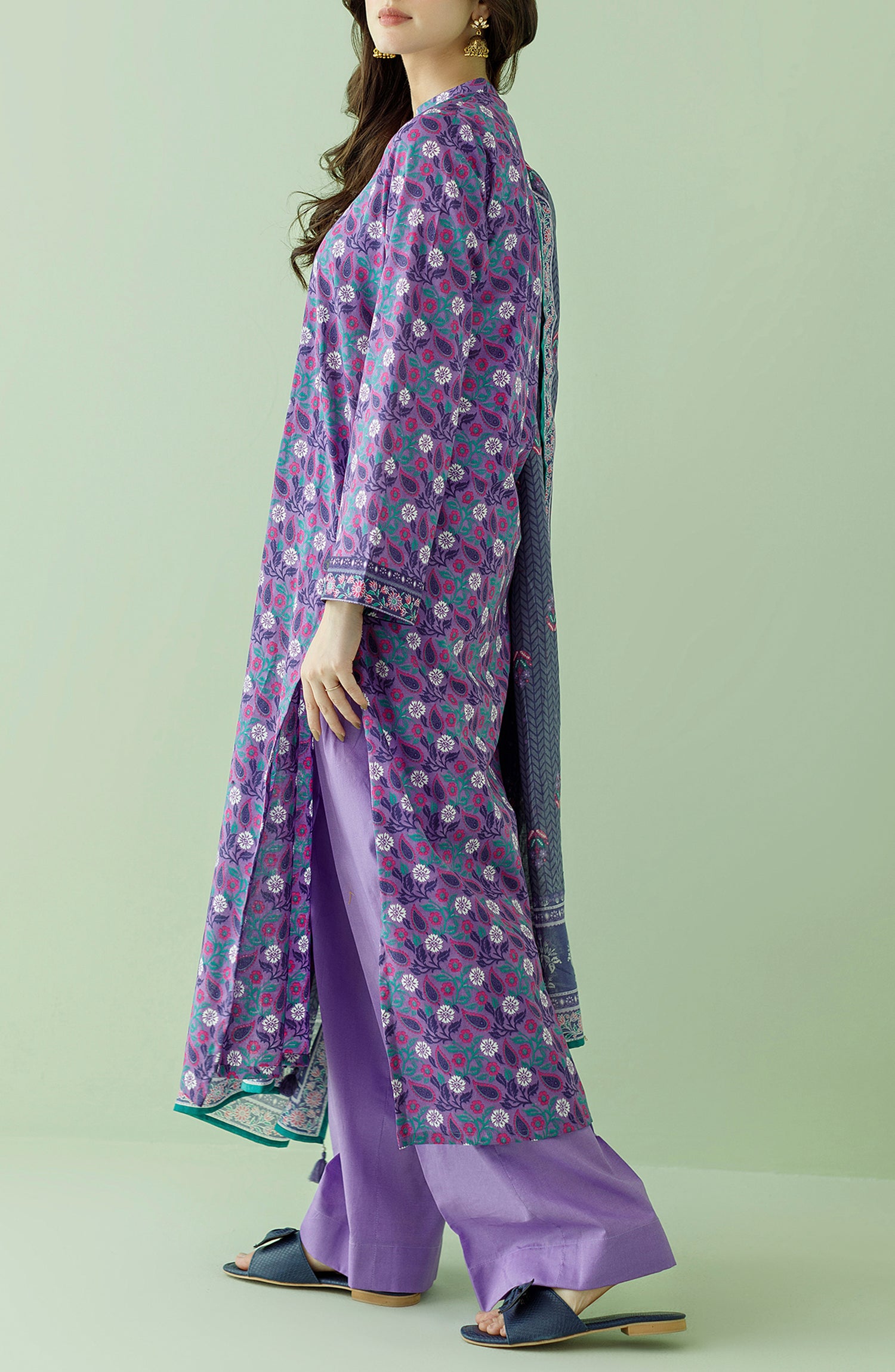 Stitched 3 Piece Printed Lawn Shirt , Cambric Pant and Lawn Dupatta (OTL-23-354/S LILAC)