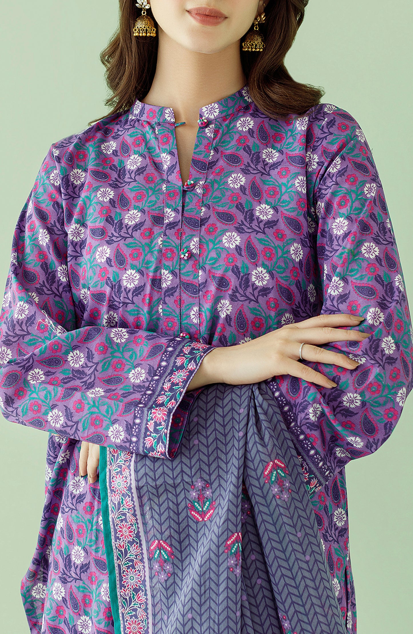 Stitched 3 Piece Printed Lawn Shirt , Cambric Pant and Lawn Dupatta (OTL-23-354/S LILAC)