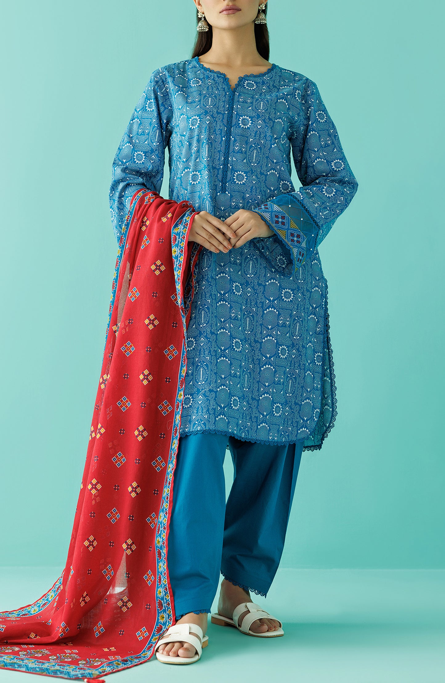 Stitched 3 Piece Printed Lawn Shirt , Cambric Pant and Lawn Dupatta (OTL-24-084/S BLUE)