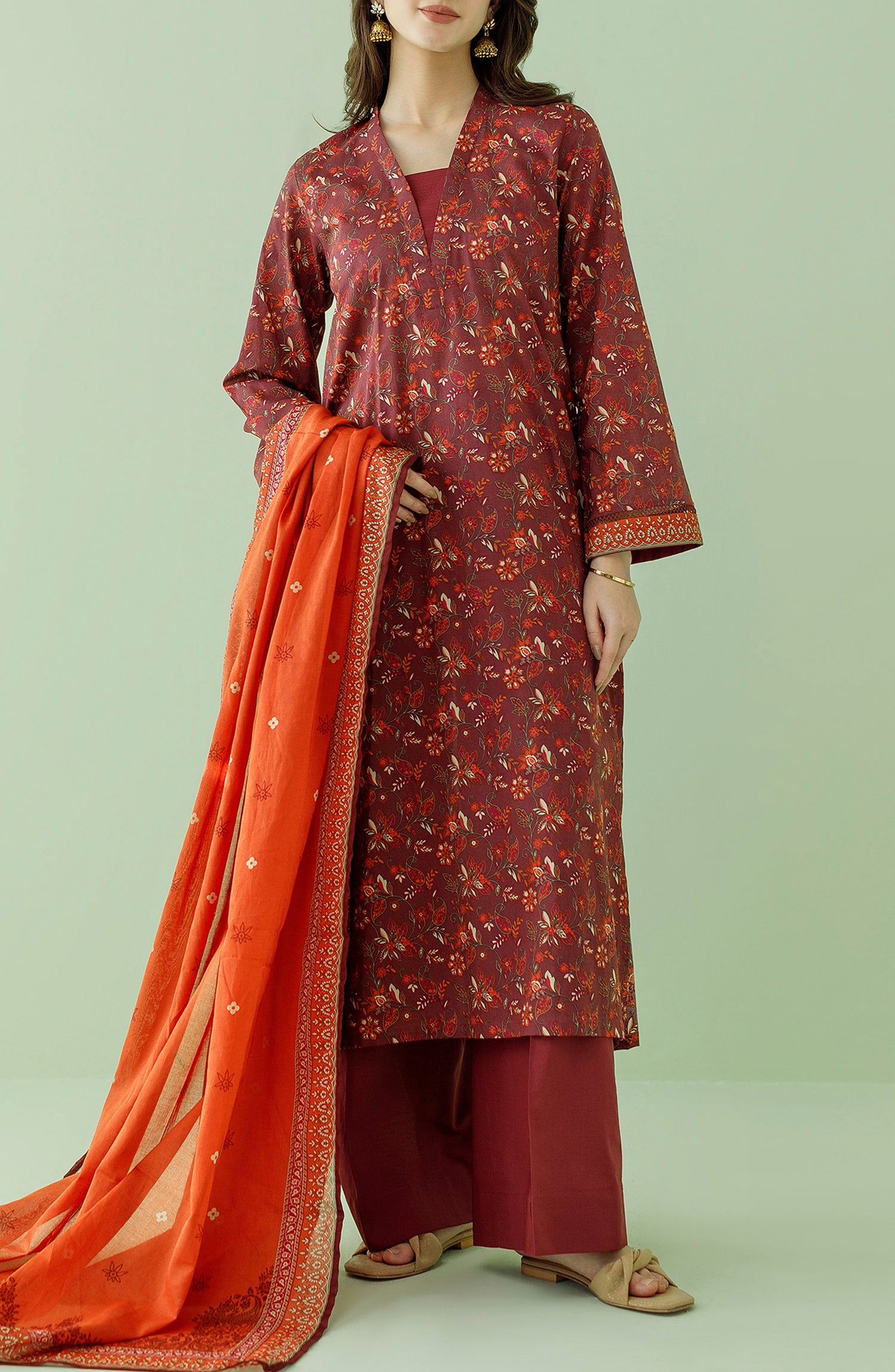 Stitched 3 Piece Printed Lawn Shirt , Cambric Pant and Lawn Dupatta (OTL-23-357/S MAROON)