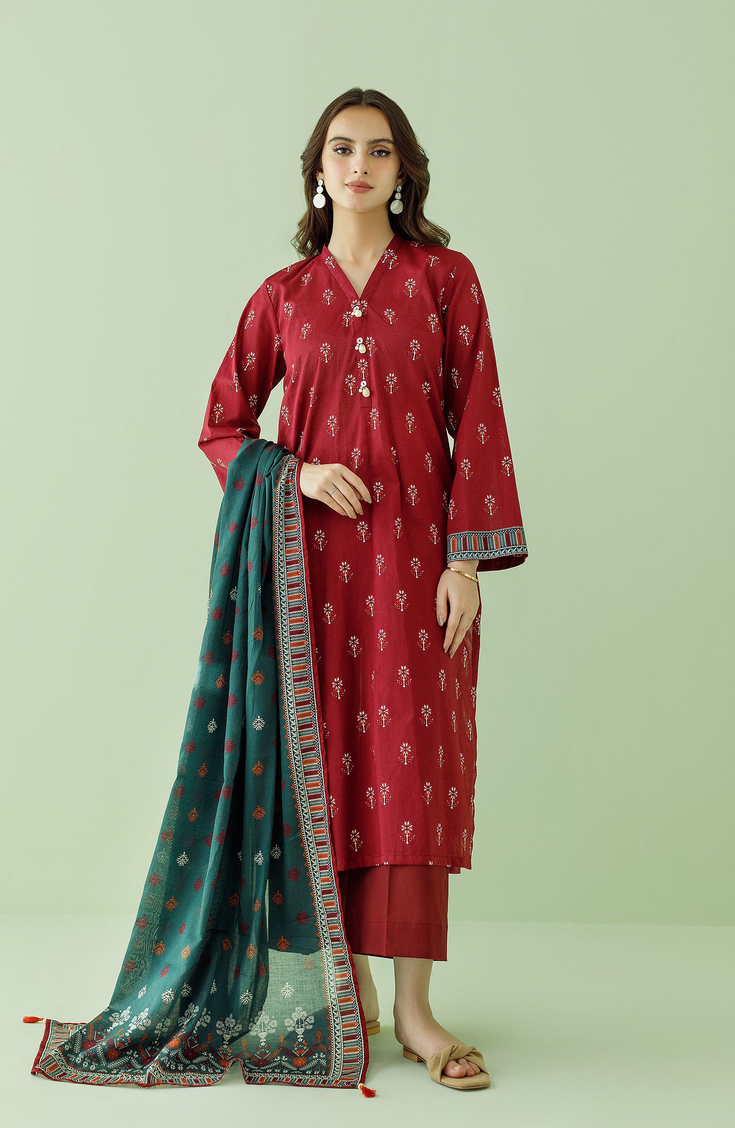 Unstitched 3 Piece Printed Lawn Shirt , Cambric Pant and Lawn Dupatta (OTL-23-360/U (RO) RED)