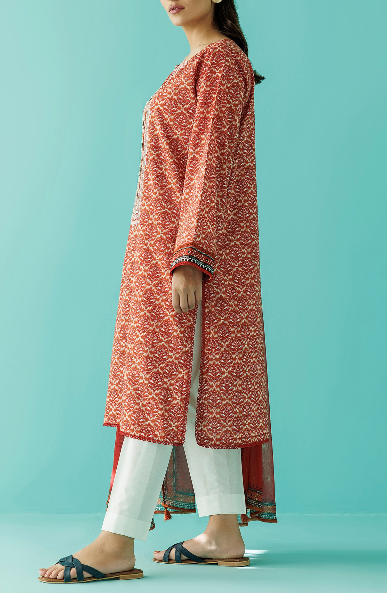 Stitched 2 Piece Premium Embroidered Casual Lawn Shirt and Bimber Chiffon Dupatta (NRDS-24-020/S RUST)