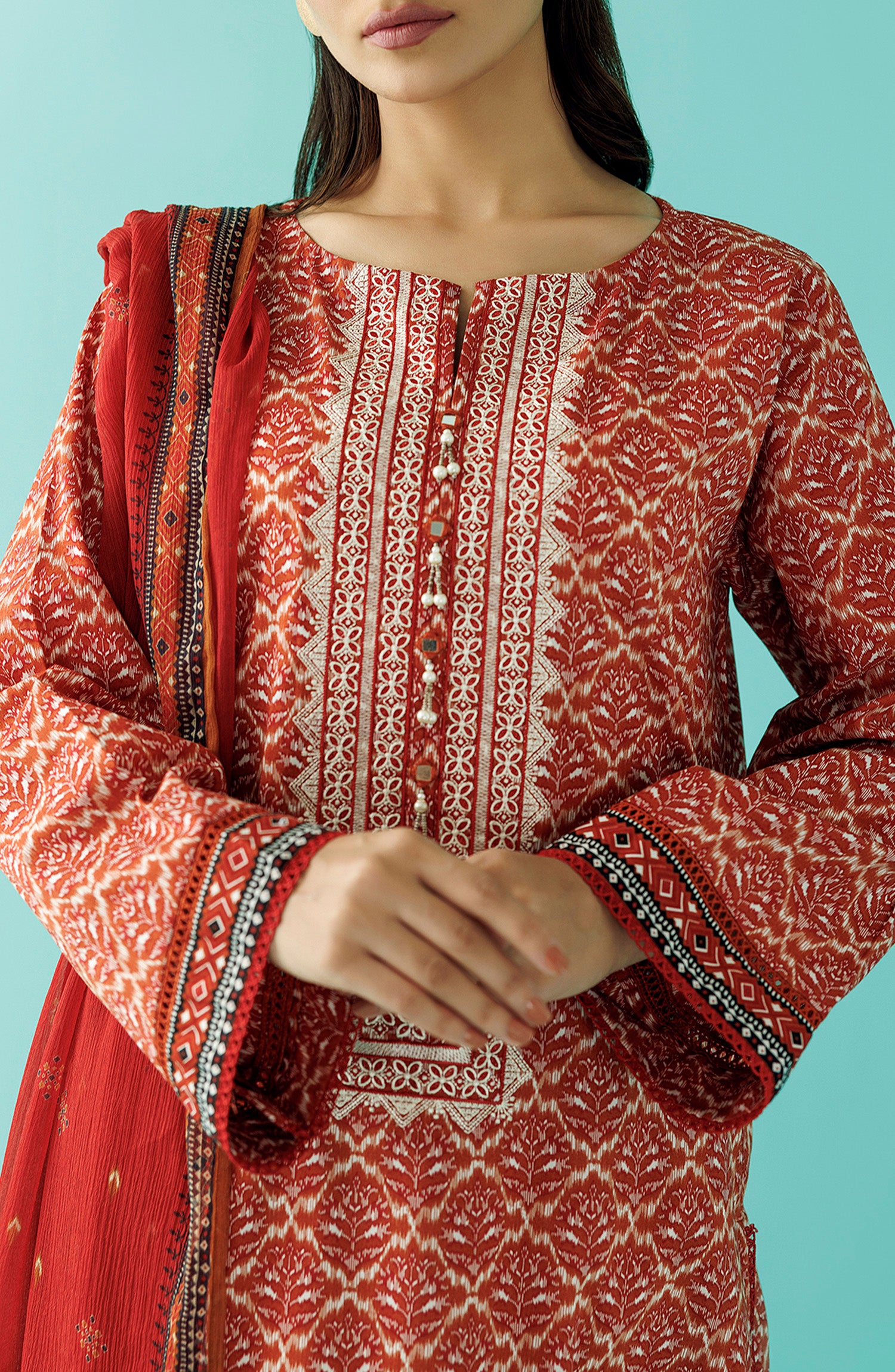 Stitched 2 Piece Premium Embroidered Casual Lawn Shirt and Bimber Chiffon Dupatta (NRDS-24-020/S RUST)