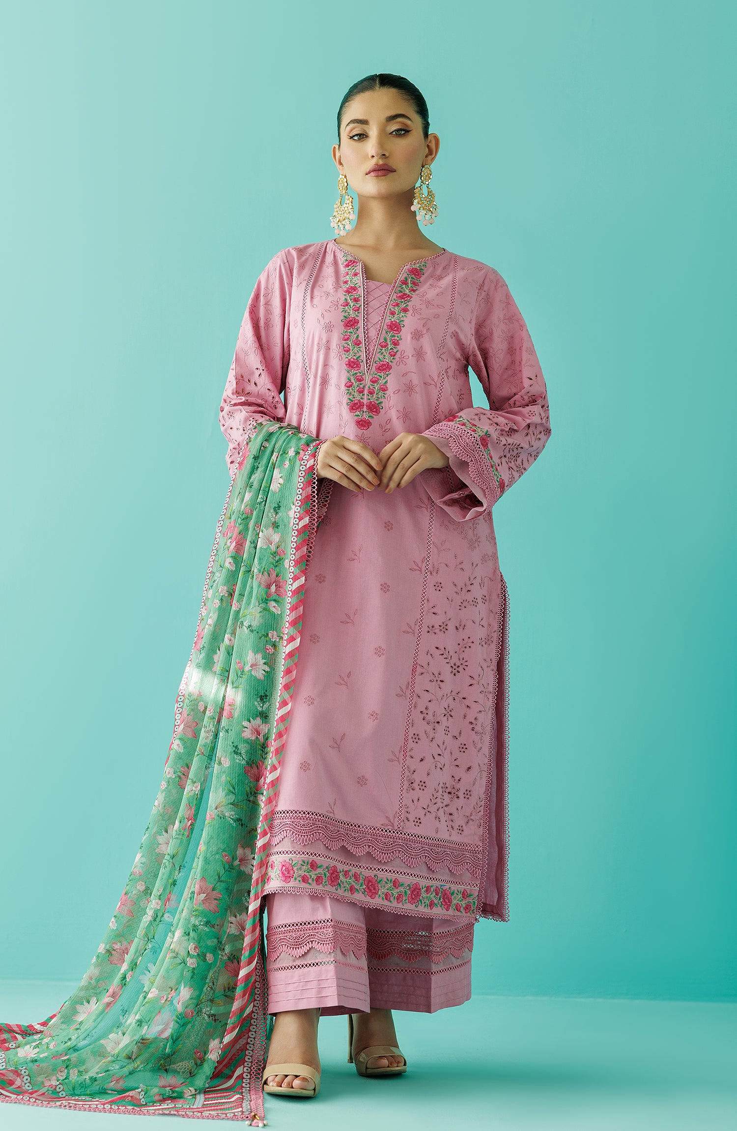 Unstitched 3 Piece Embroidered Lawn Shirt , Cambric Pant and Chiffon Dupatta (OTL-24-031/U PINK)