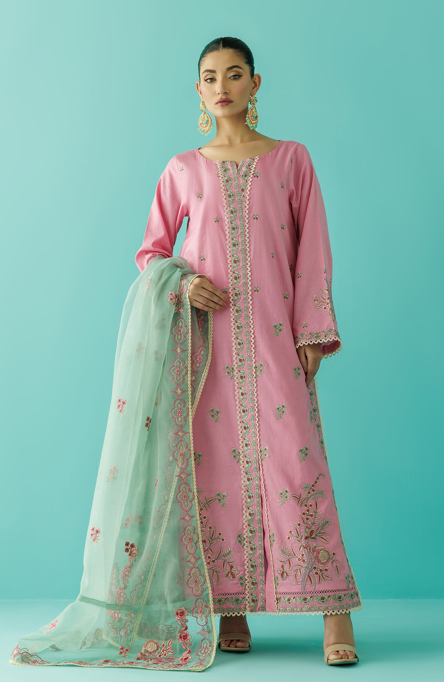 Unstitched 3 Piece Embroidered Jacquard Shirt , Jacquard Pant and Organza Dupatta (OTL-24-001/U PINK)