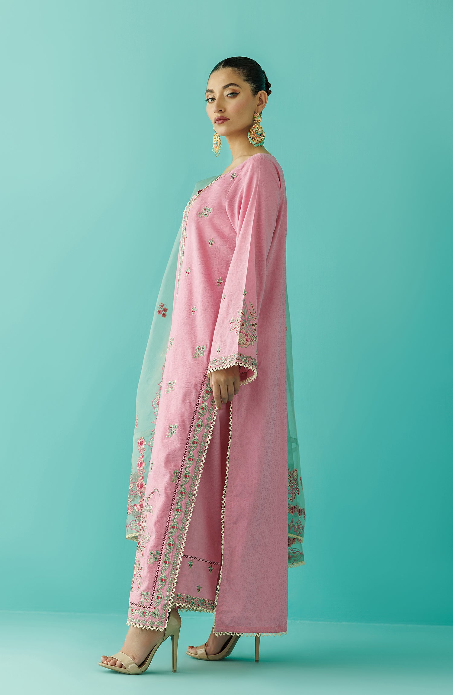 Unstitched 3 Piece Embroidered Jacquard Shirt , Jacquard Pant and Organza Dupatta (OTL-24-001/U PINK)