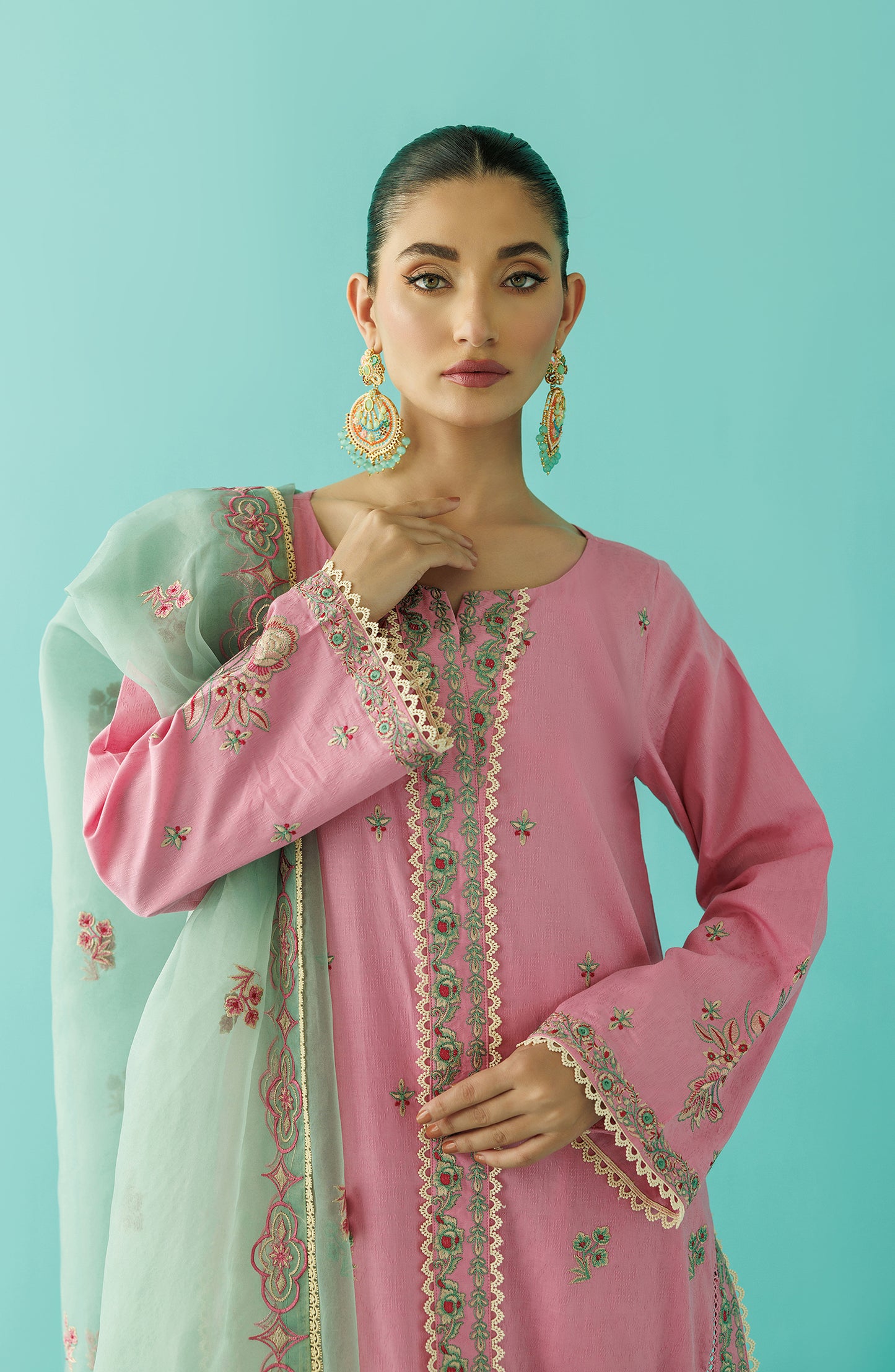 Unstitched 3 Piece Embroidered Jacquard Shirt , Jacquard Pant and Organza Dupatta (OTL-24-001/U PINK)