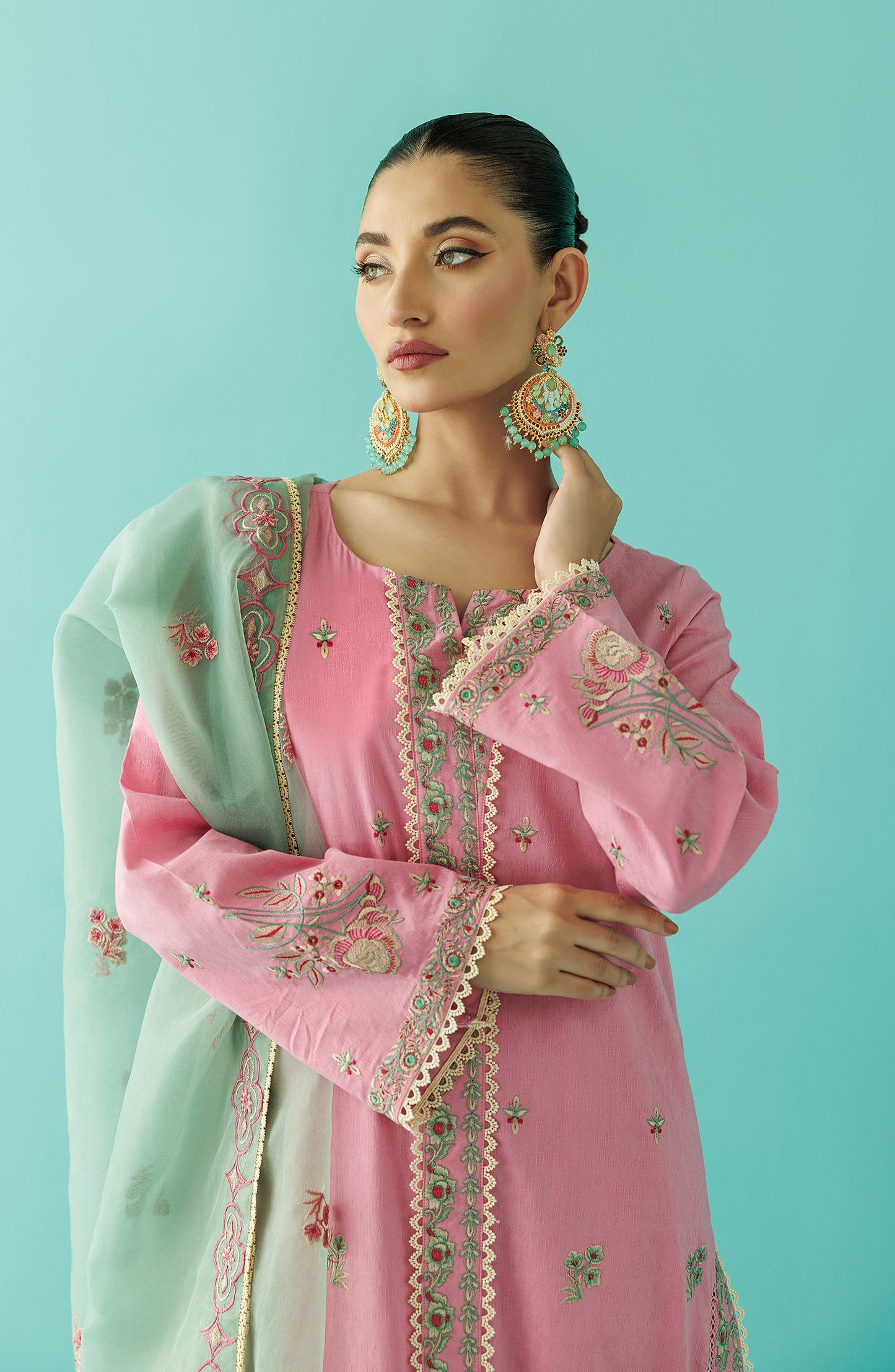 Unstitched 3 Piece Embroidered Jacquard Shirt , Jacquard Pant and Organza Dupatta (OTL-24-001/U PINK)