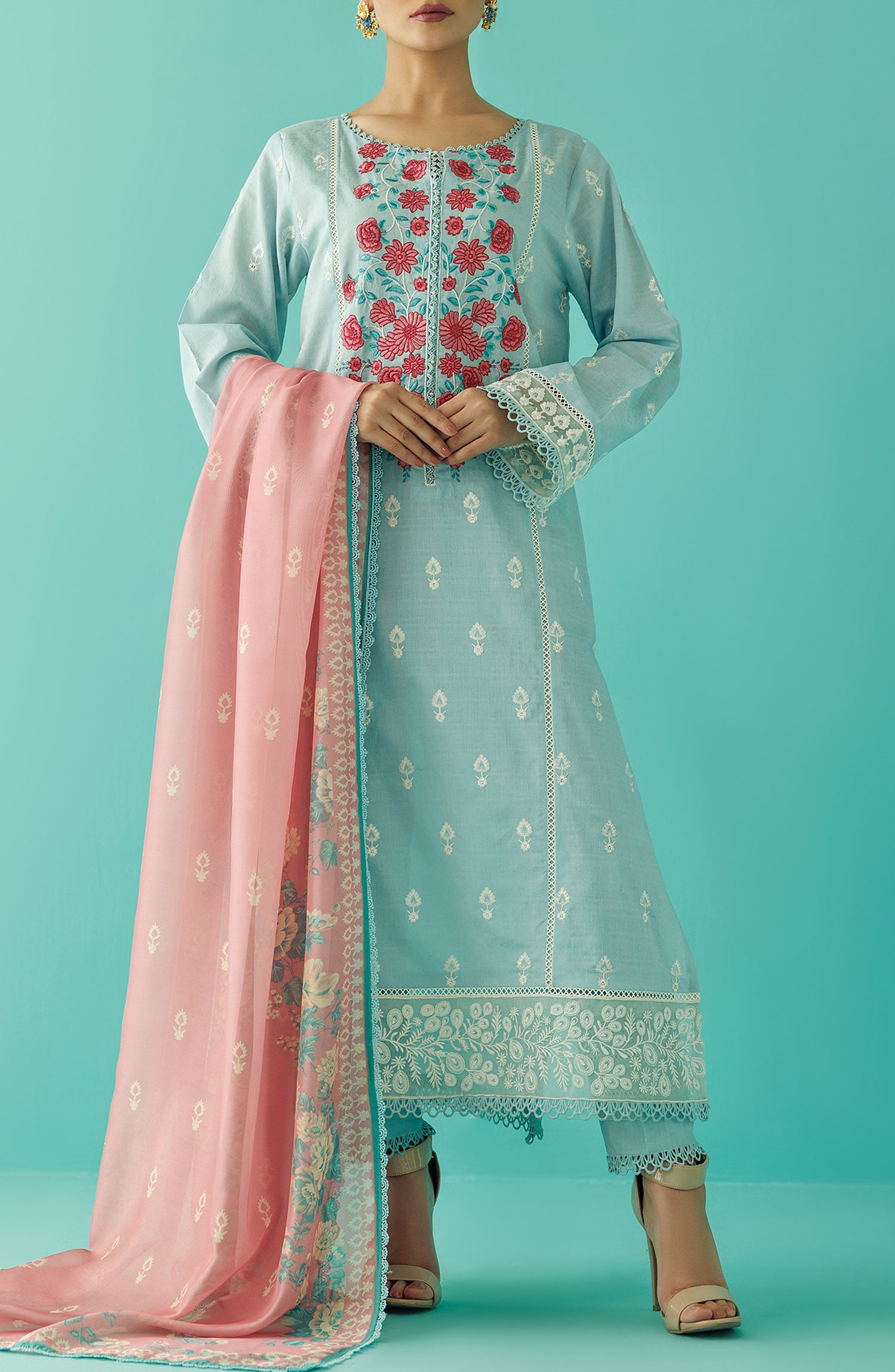 Stitched 3 Piece Premium Embroidered Casual Jacquard Shirt , Jacquard Pant and Silk Dupatta (OTL-24-005/S SEA GREEN)