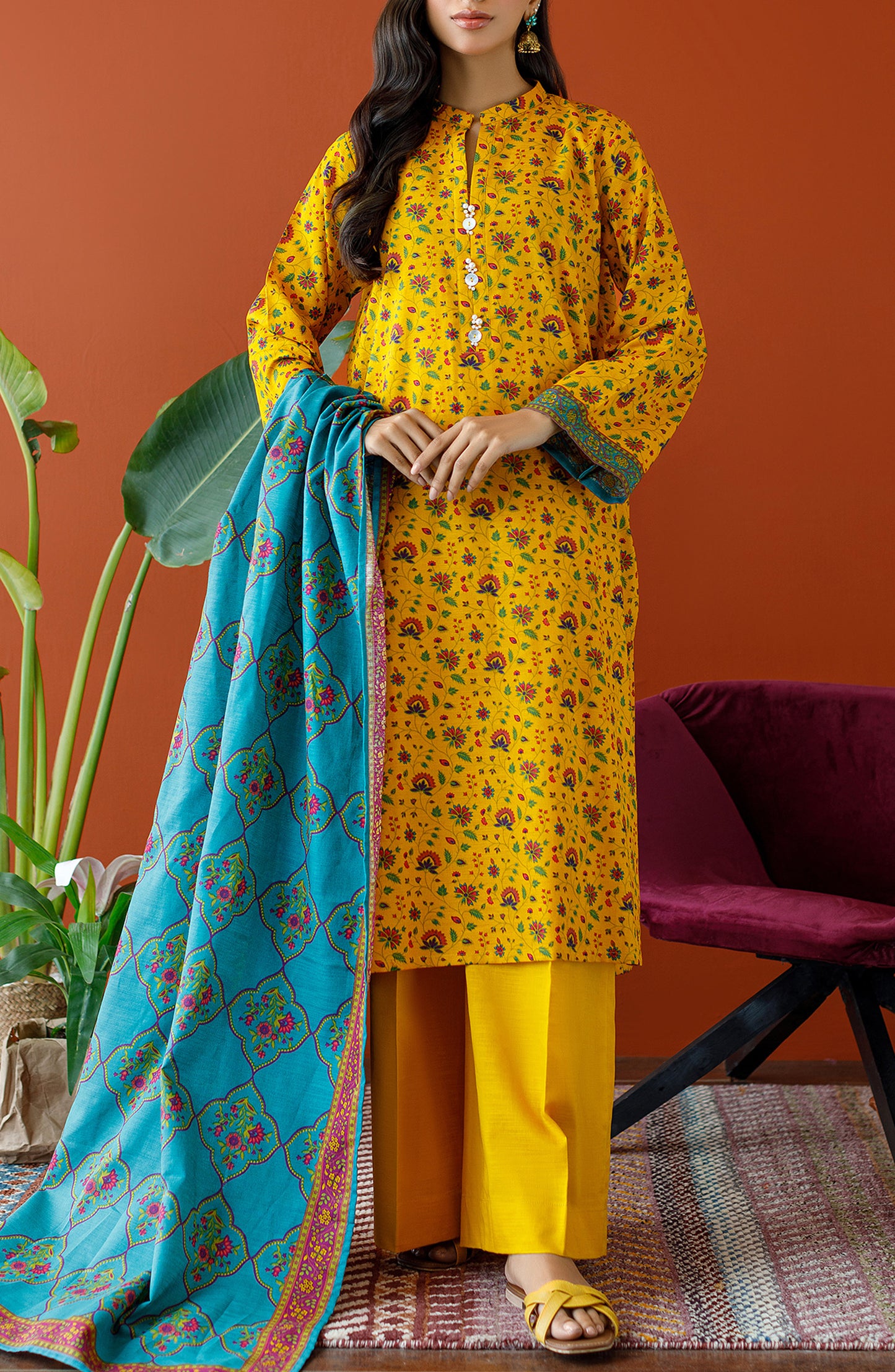 OTL-23-336/U YELLOW KHADDAR Women UNSTITCHED SHIRT DUPATTA PANTS