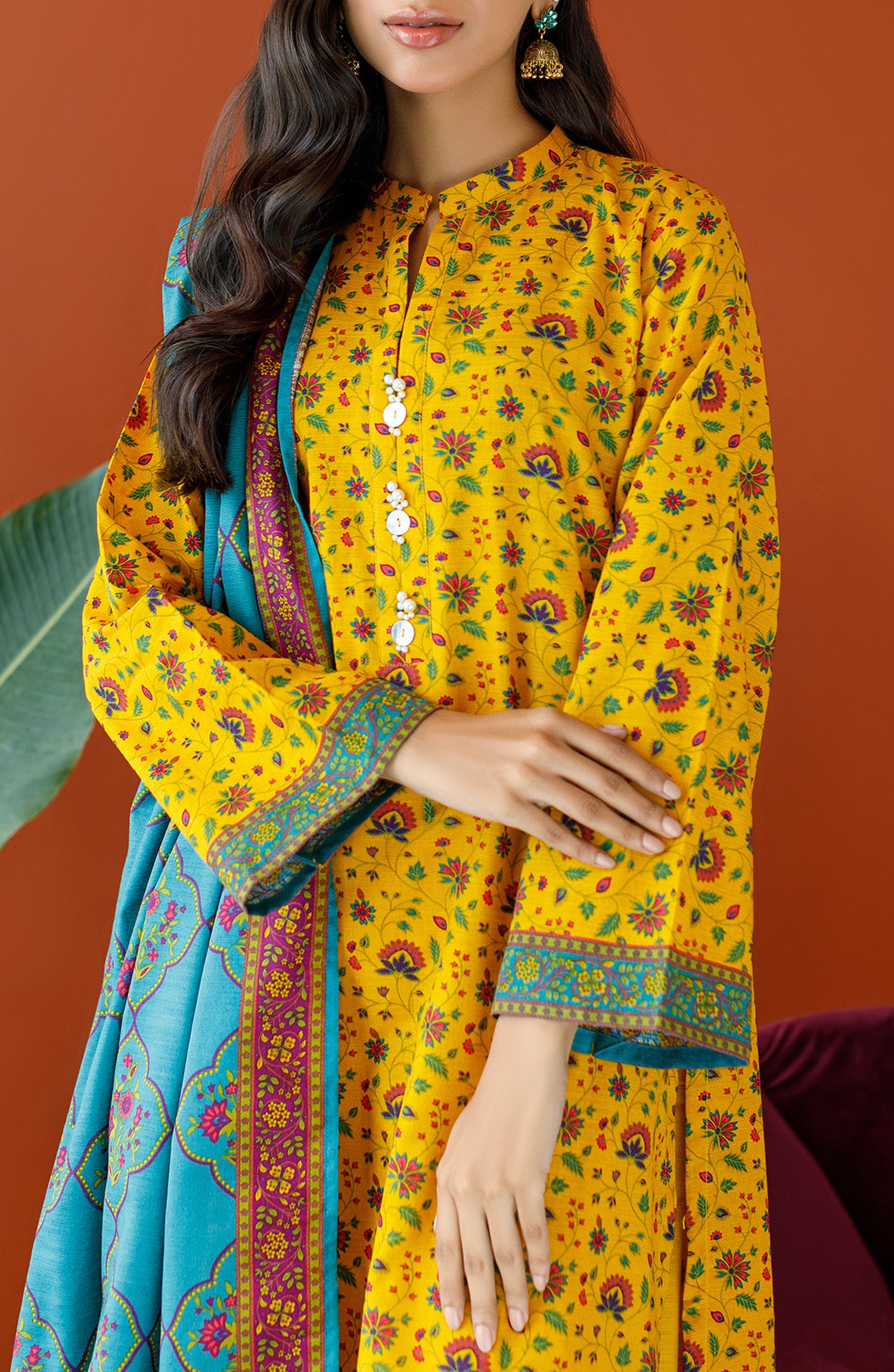 OTL-23-336/U YELLOW KHADDAR Women UNSTITCHED SHIRT DUPATTA PANTS