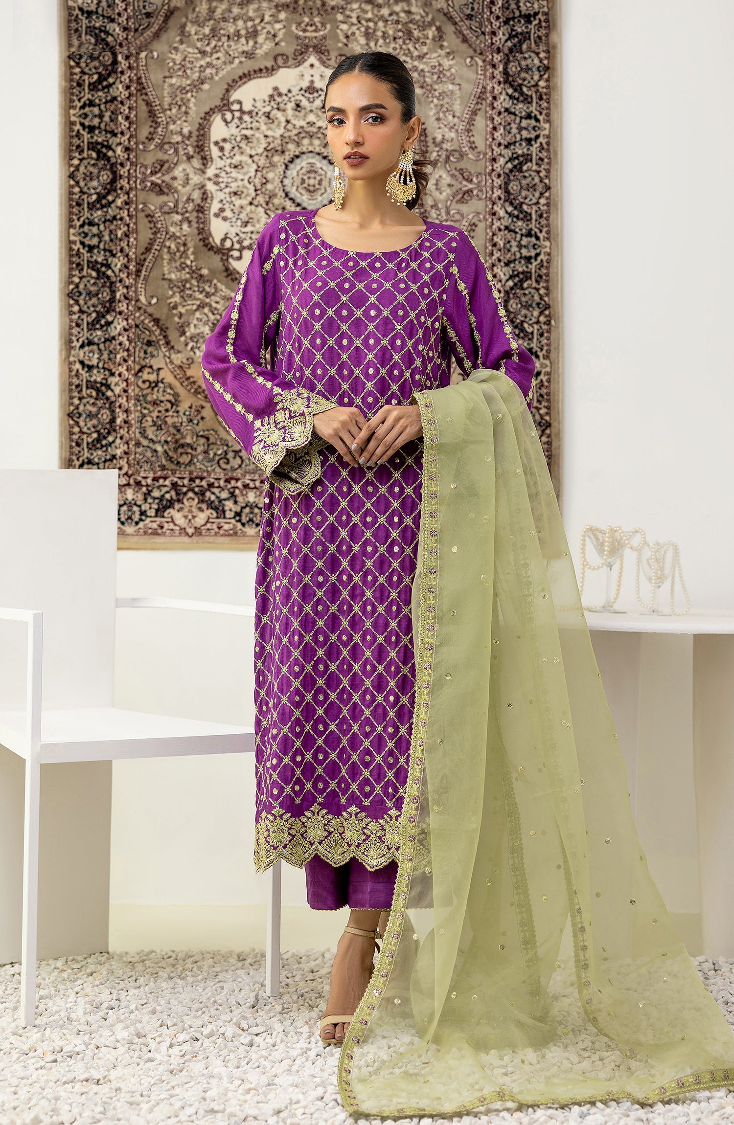 Stitched 3 Piece Embroidered Cotton Net Shirt , Raw Silk Pant and Organza Dupatta (NF-SDT-23-027 MAGENTA)