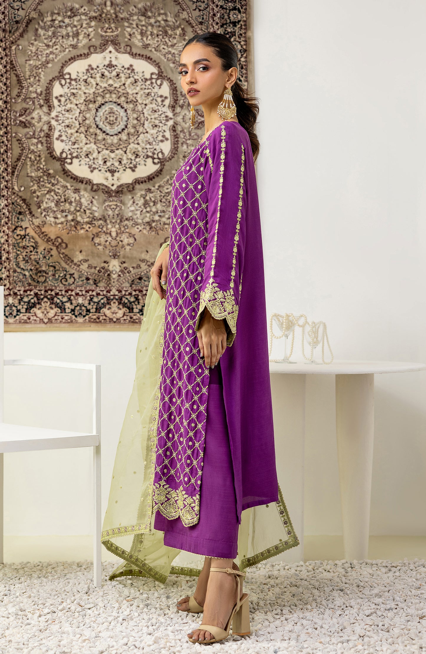 Stitched 3 Piece Embroidered Cotton Net Shirt , Raw Silk Pant and Organza Dupatta (NF-SDT-23-027 MAGENTA)