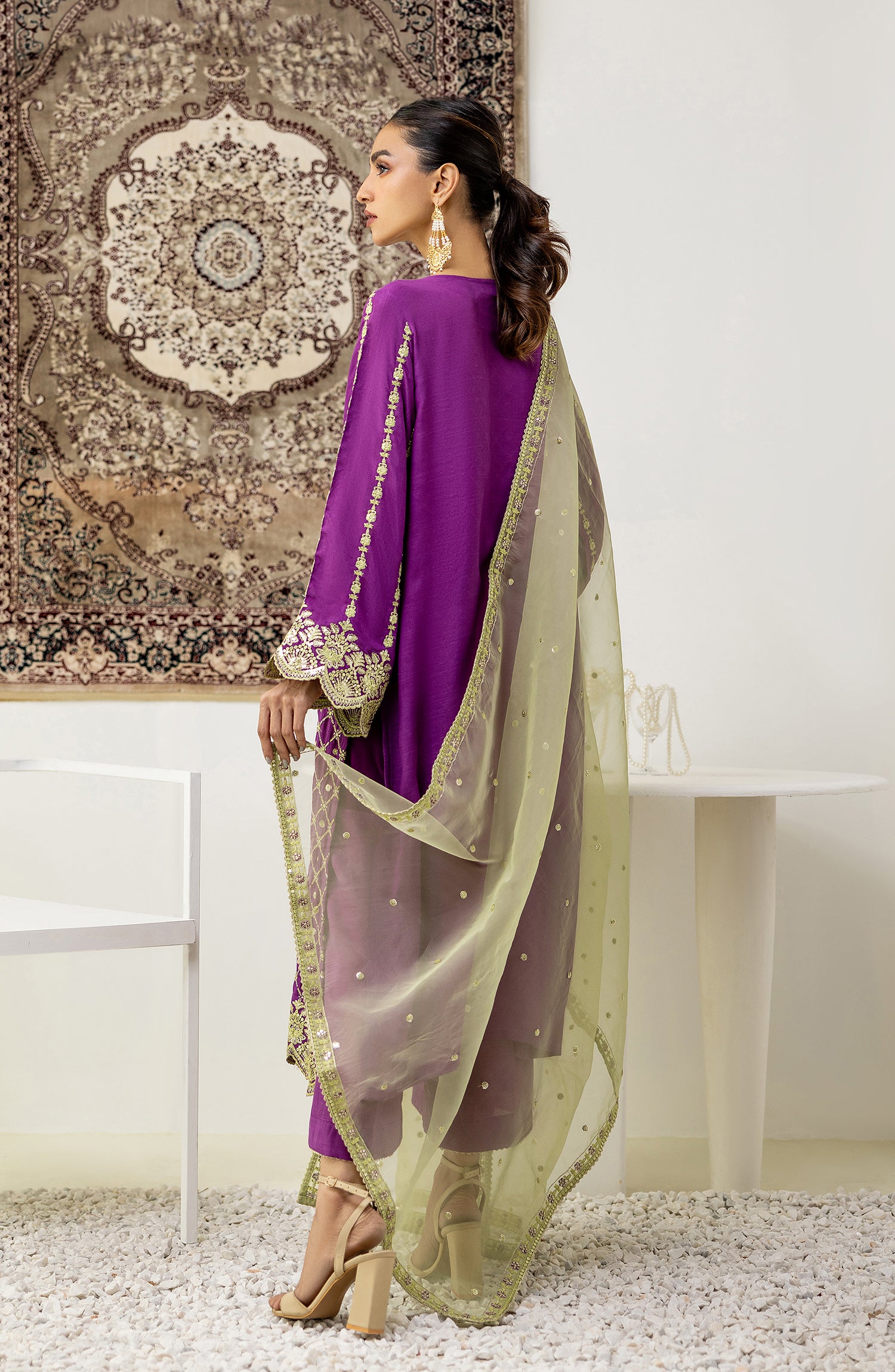 Stitched 3 Piece Embroidered Cotton Net Shirt , Raw Silk Pant and Organza Dupatta (NF-SDT-23-027 MAGENTA)