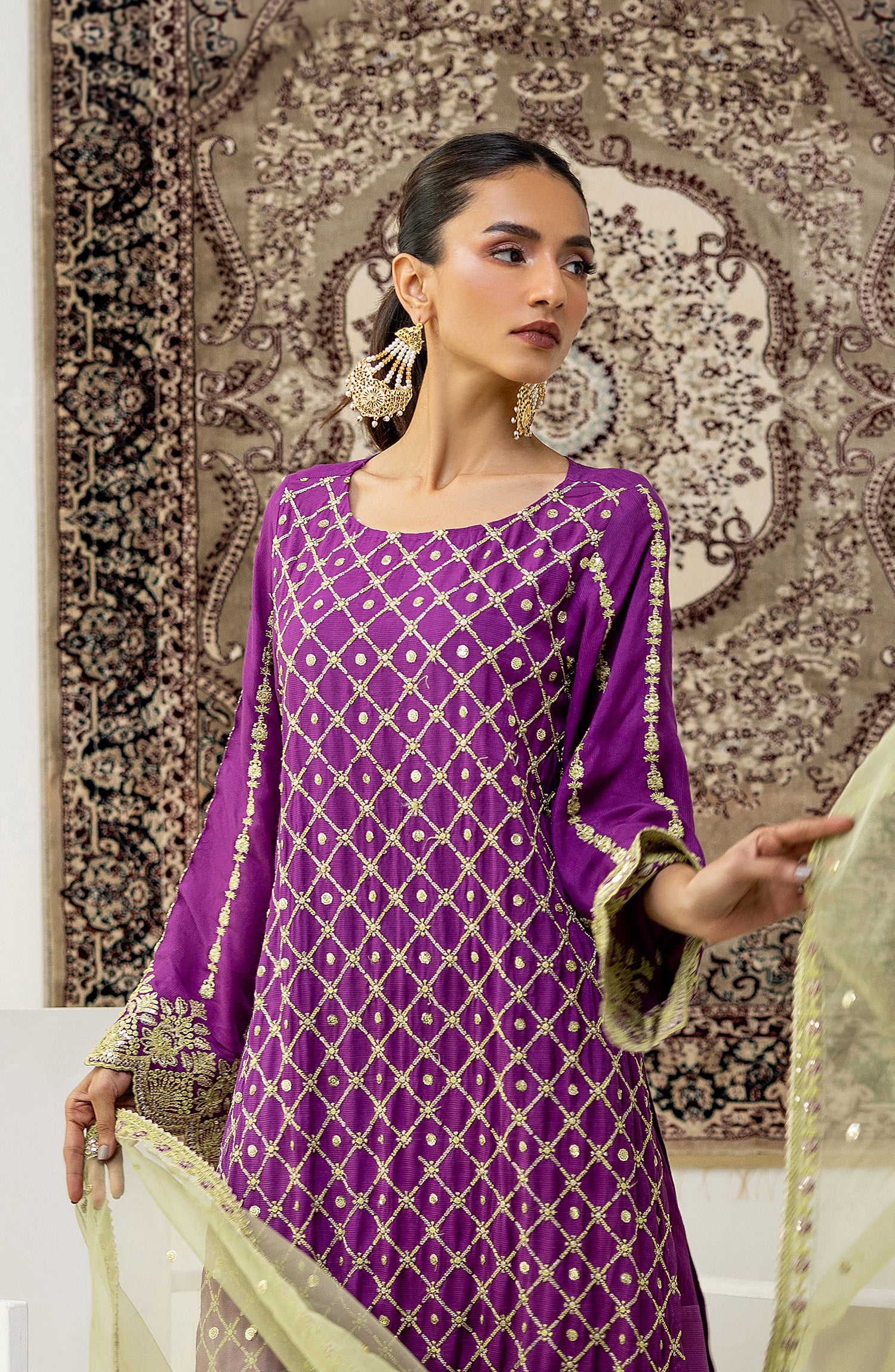 Stitched 3 Piece Embroidered Cotton Net Shirt , Raw Silk Pant and Organza Dupatta (NF-SDT-23-027 MAGENTA)