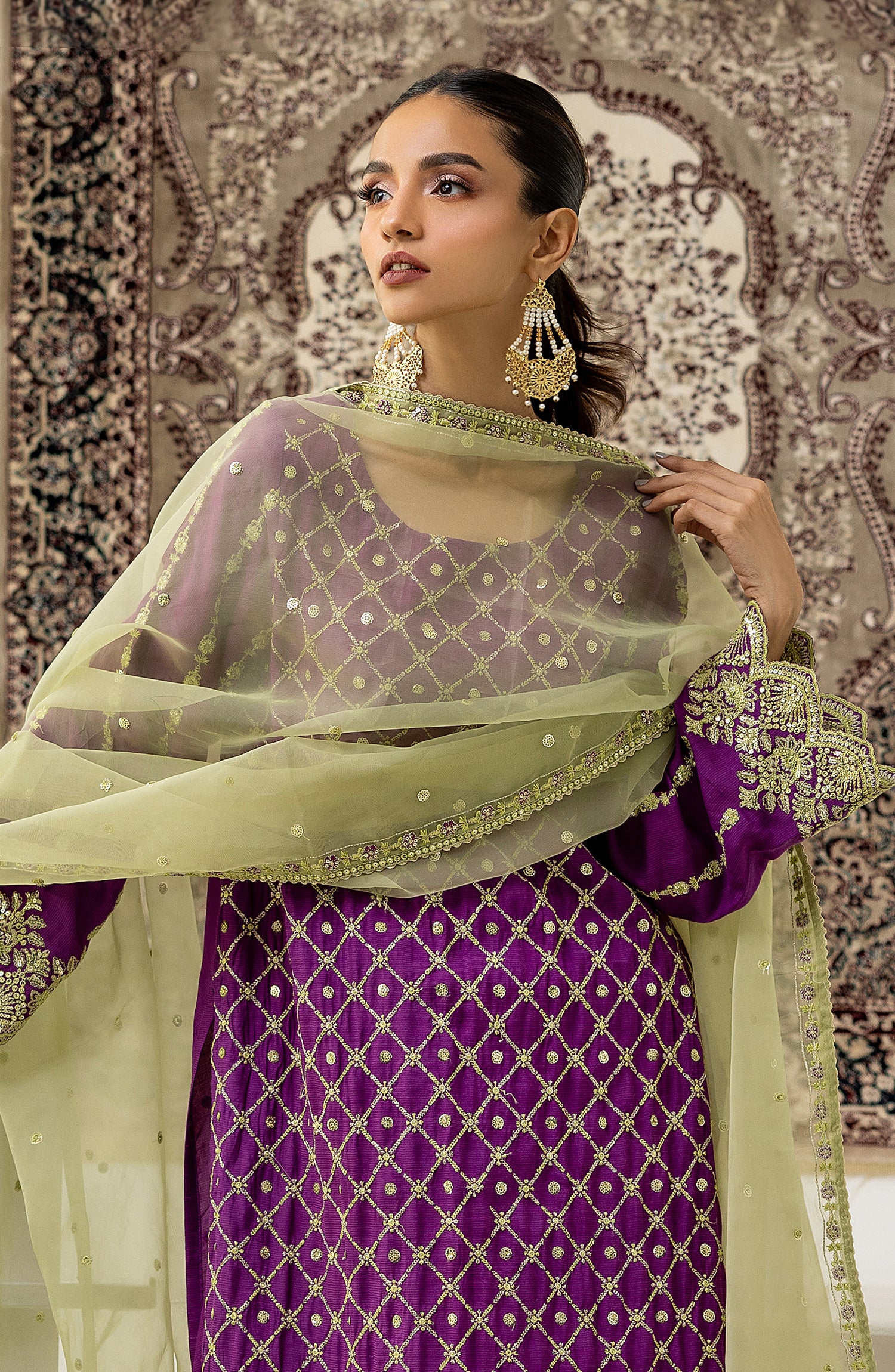 Stitched 3 Piece Embroidered Cotton Net Shirt , Raw Silk Pant and Organza Dupatta (NF-SDT-23-027 MAGENTA)