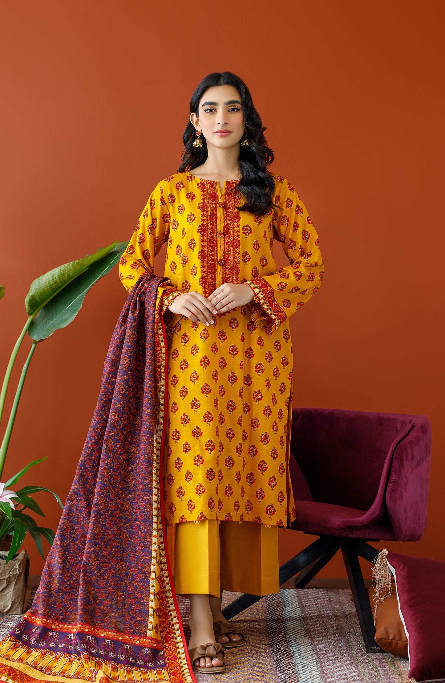 OTL-23-279/U MUSTARD KHADDAR Women UNSTITCHED SHIRT DUPATTA PANTS