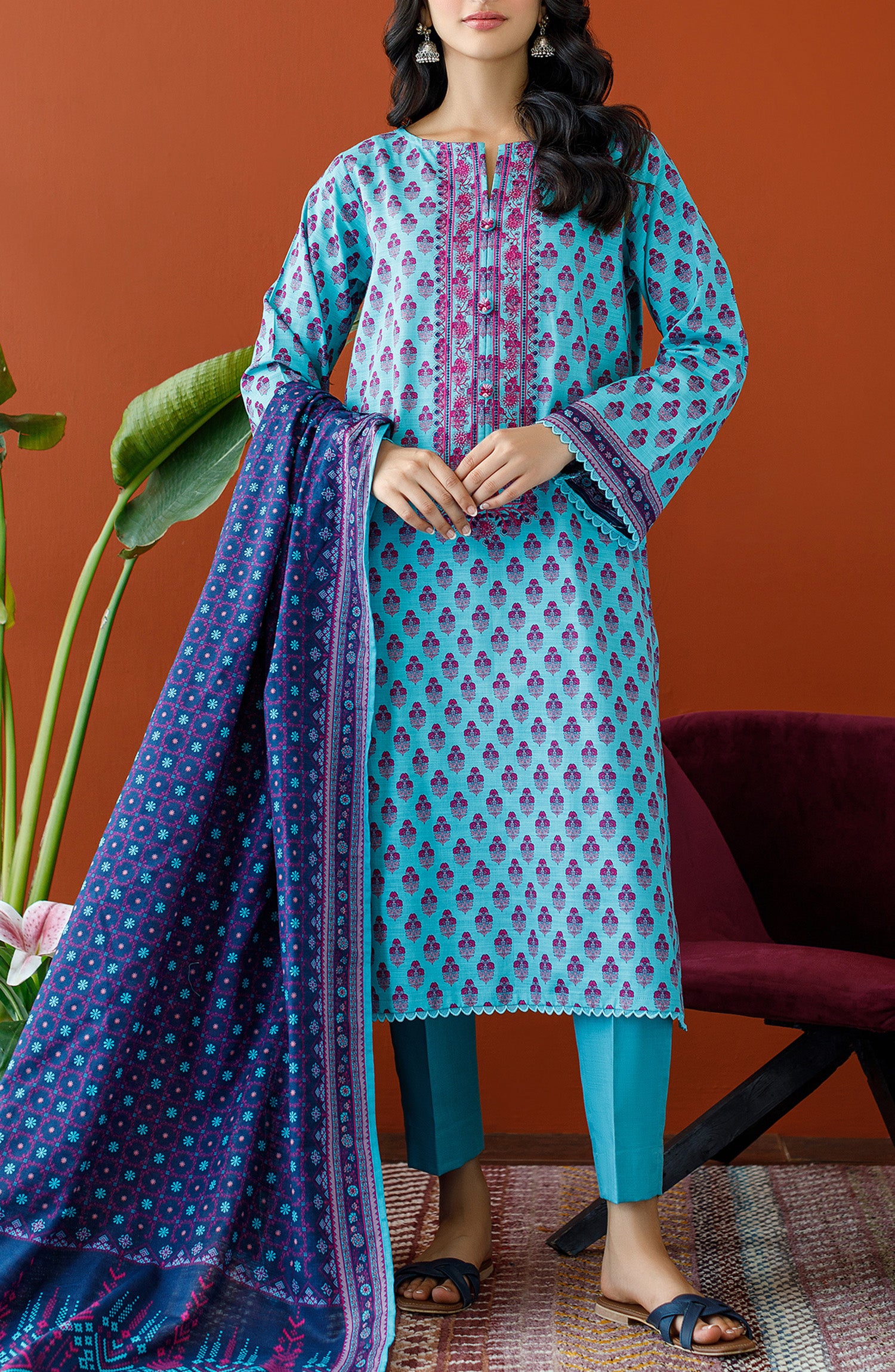 OTL-23-281/U TURQUOISE KHADDAR Women UNSTITCHED SHIRT DUPATTA PANTS