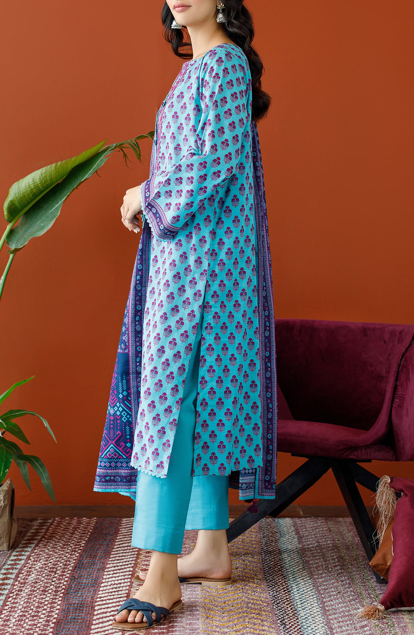 OTL-23-281/U TURQUOISE KHADDAR Women UNSTITCHED SHIRT DUPATTA PANTS