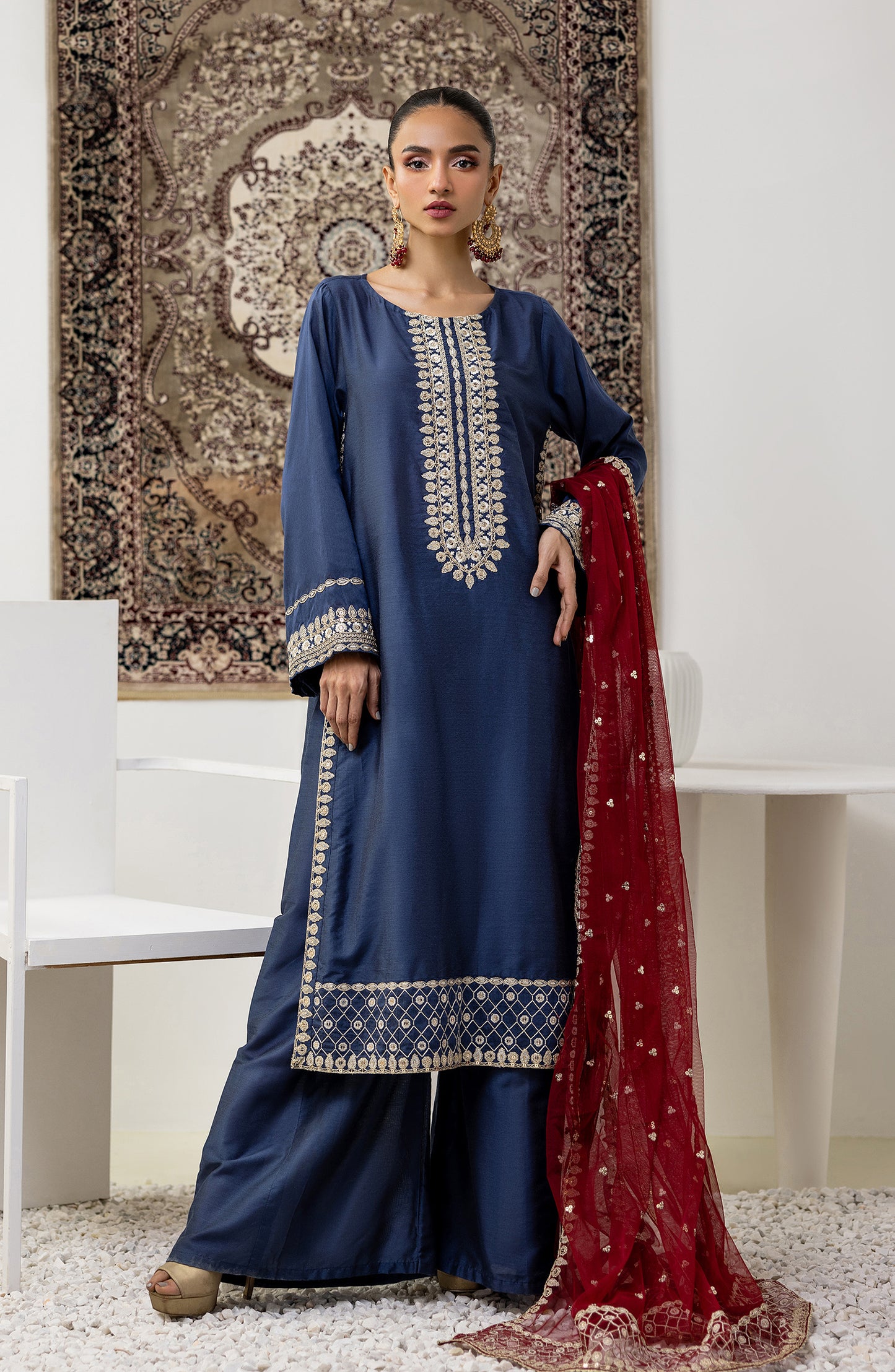 Stitched 3 Piece Embroidered Cotton Silk Shirt , Cotton Silk Pant and Poly Net Dupatta (WRFC23W-3010)