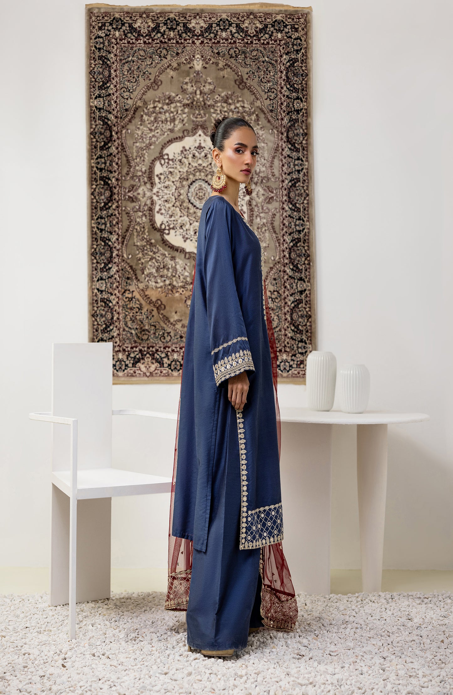 Stitched 3 Piece Embroidered Cotton Silk Shirt , Cotton Silk Pant and Poly Net Dupatta (WRFC23W-3010)