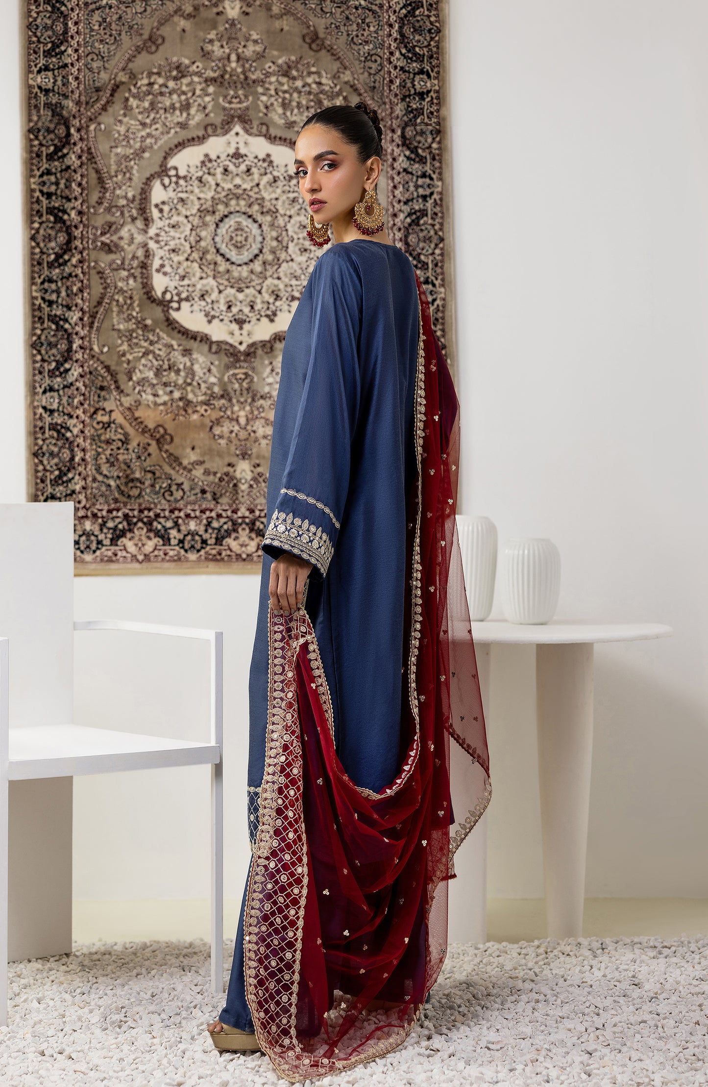 Stitched 3 Piece Embroidered Cotton Silk Shirt , Cotton Silk Pant and Poly Net Dupatta (WRFC23W-3010)