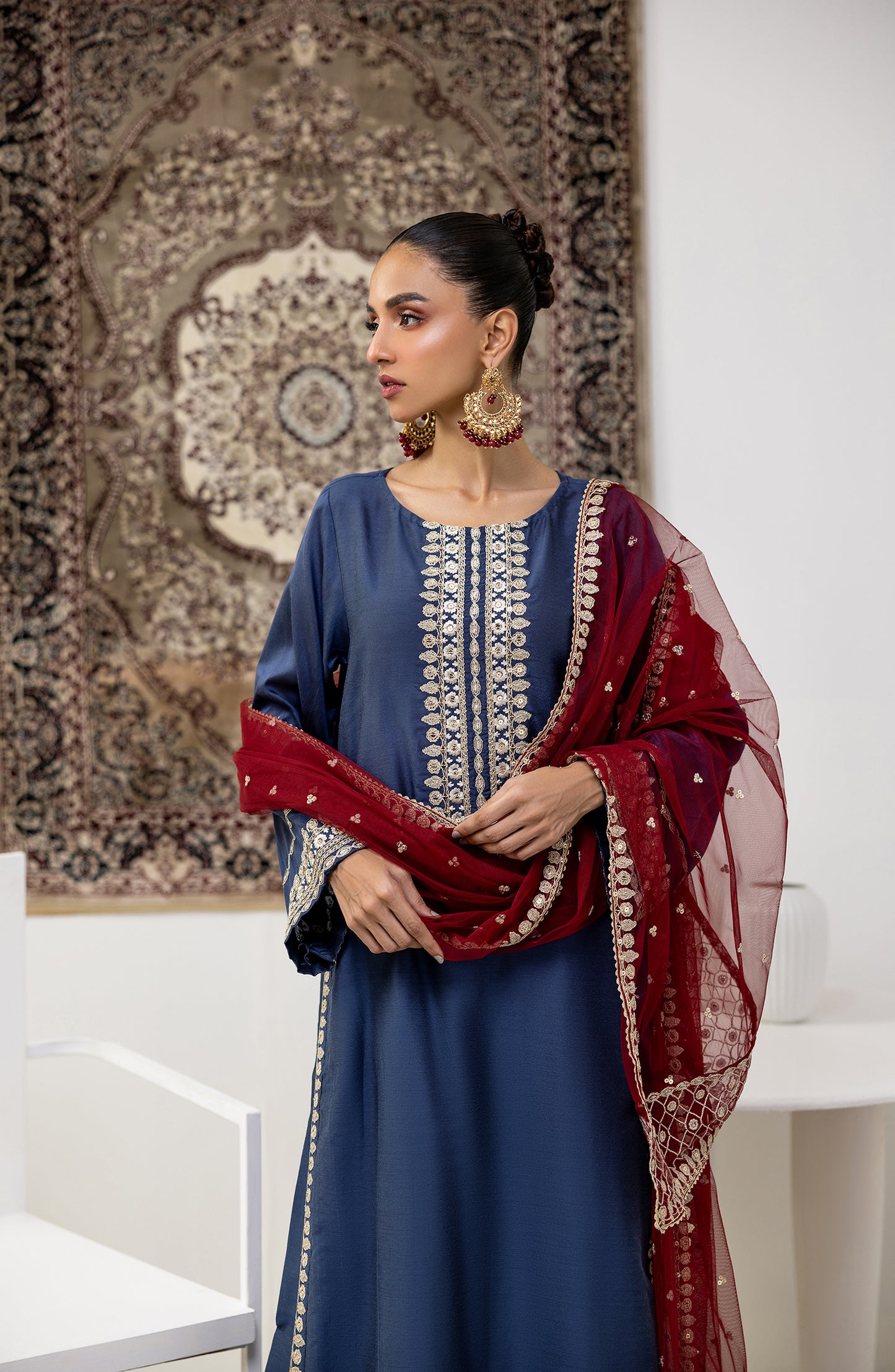 Stitched 3 Piece Embroidered Cotton Silk Shirt , Cotton Silk Pant and Poly Net Dupatta (WRFC23W-3010)